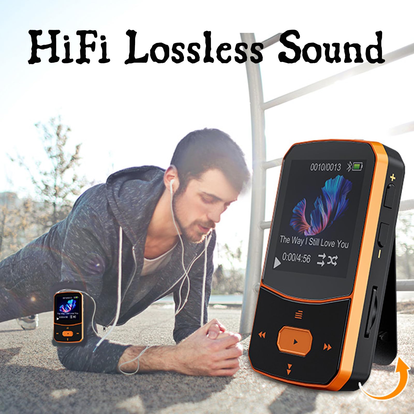 64Go Lecteur MP3 Bluetooth 5.3 Sport Mini-Design avec Clip, portabal baladeur mp3 avec Bouton de Volume indépendant,écran Couleur TFT 1,5 Pouces, Radio FM, podomètre, supporte jusqu'à 128Go Carte SD