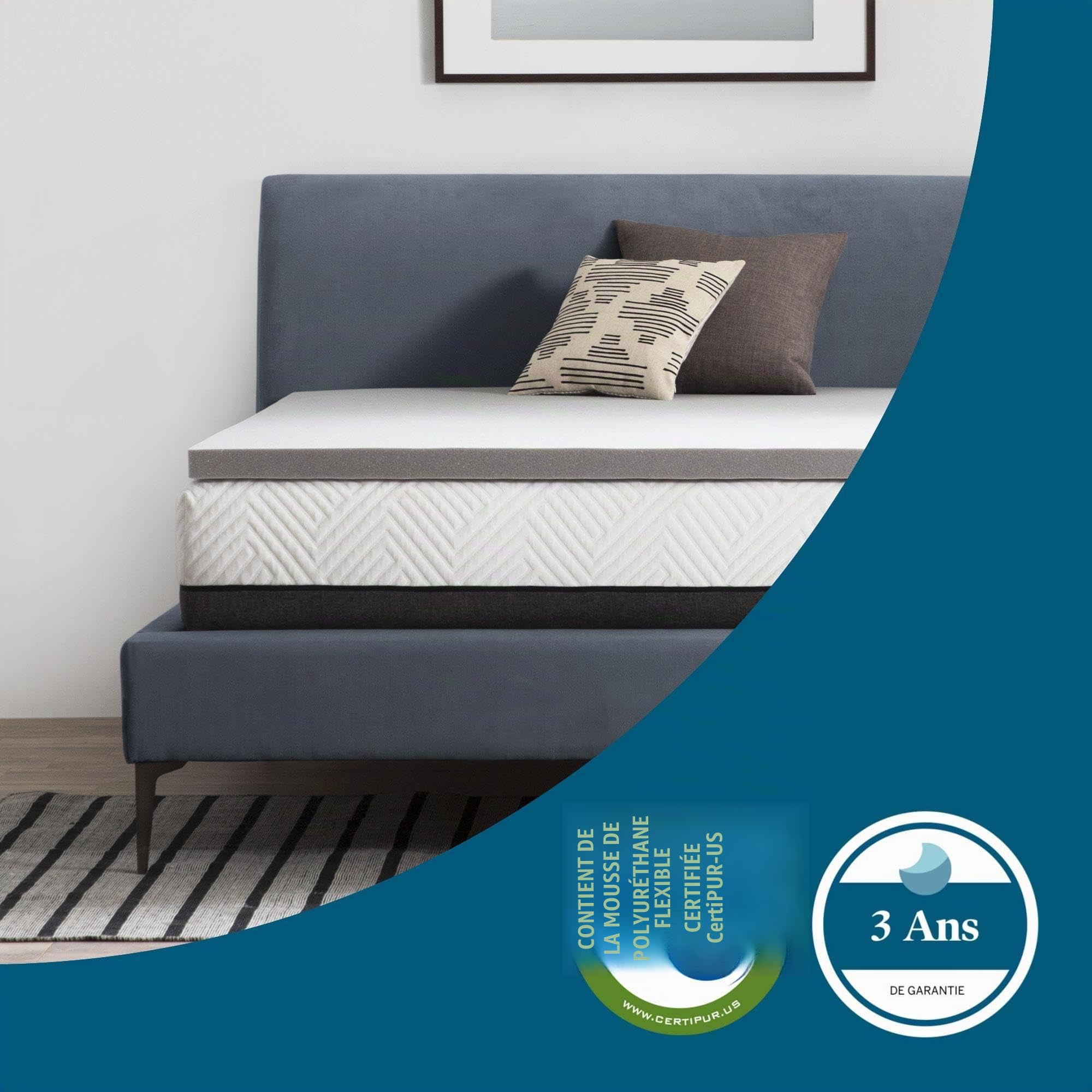 LUCID Surmatelas de 5 cm en Mousse à mémoire de Forme au de Charbon de Bambou – Surmatelas 80 x 190 cm, Gris