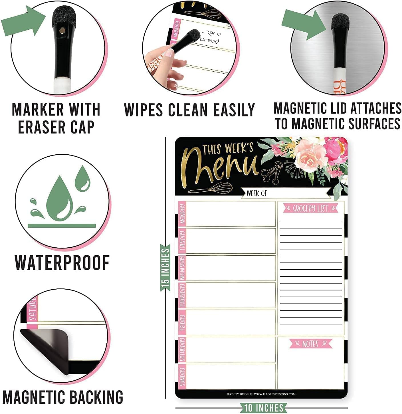 Black Floral Magnetic Dry Erase Calendar for Fridge and Magnetic Meal Planner for Refrigerator Set, Weekly Whiteboard Calendar, Monthly Calendar Dry Erase Board and Meal Planning Magnet for Fridge : Office Products