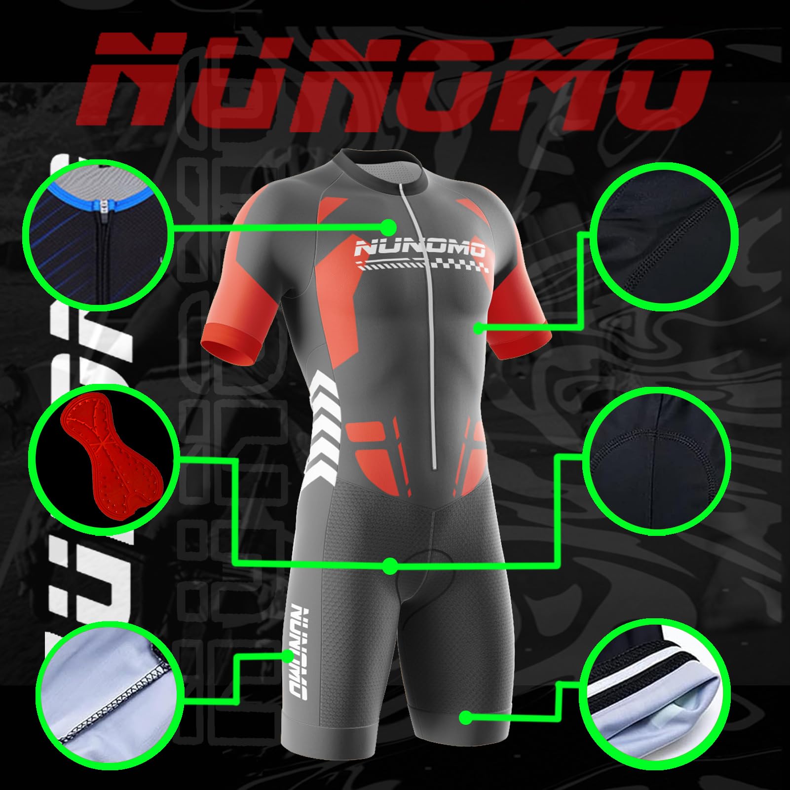 Męski kombinezon triathlonowy z krótkim rękawem, MTB Body Trisuit Cycling Skinsuit with Gel Pad do pływania/biegania/jazdy na rowerze, z żelową wyściółką, szybkoschnący, oddychający