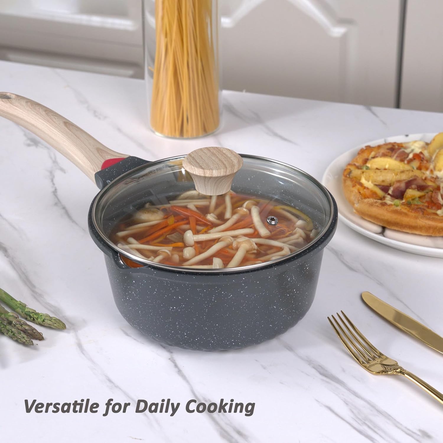 Ceramic Nonstick 4 QT Saucepan with Lid, Cast Aluminum Stockpot with Stay-cool Handle,Compatible with All Cooktops,Dishwasher Safe