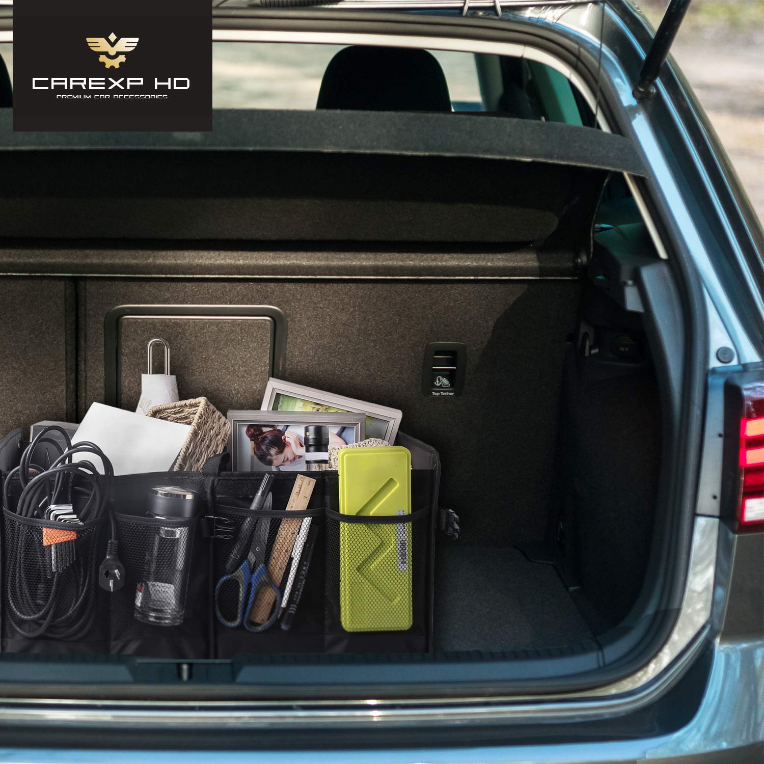 folgt CAREXP - Organizador para Almacenaje y Cajon Maletero Coche con Tapa (Plegable, Incluye Compartimentos Laterales, Interiores y Asas)