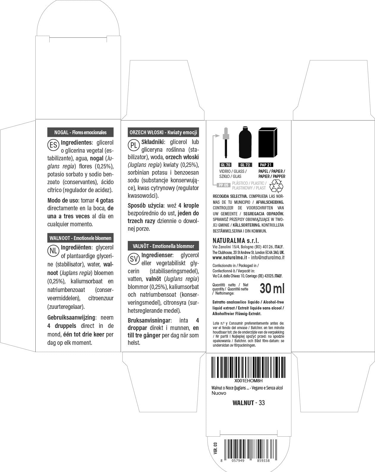 Walnut o Nogal (Juglans regia) Flores emocionales o Flores de Bach Naturalma - Gotas 30 ml - Extracto líquido sin alcohol - Esencias florales - Vegano