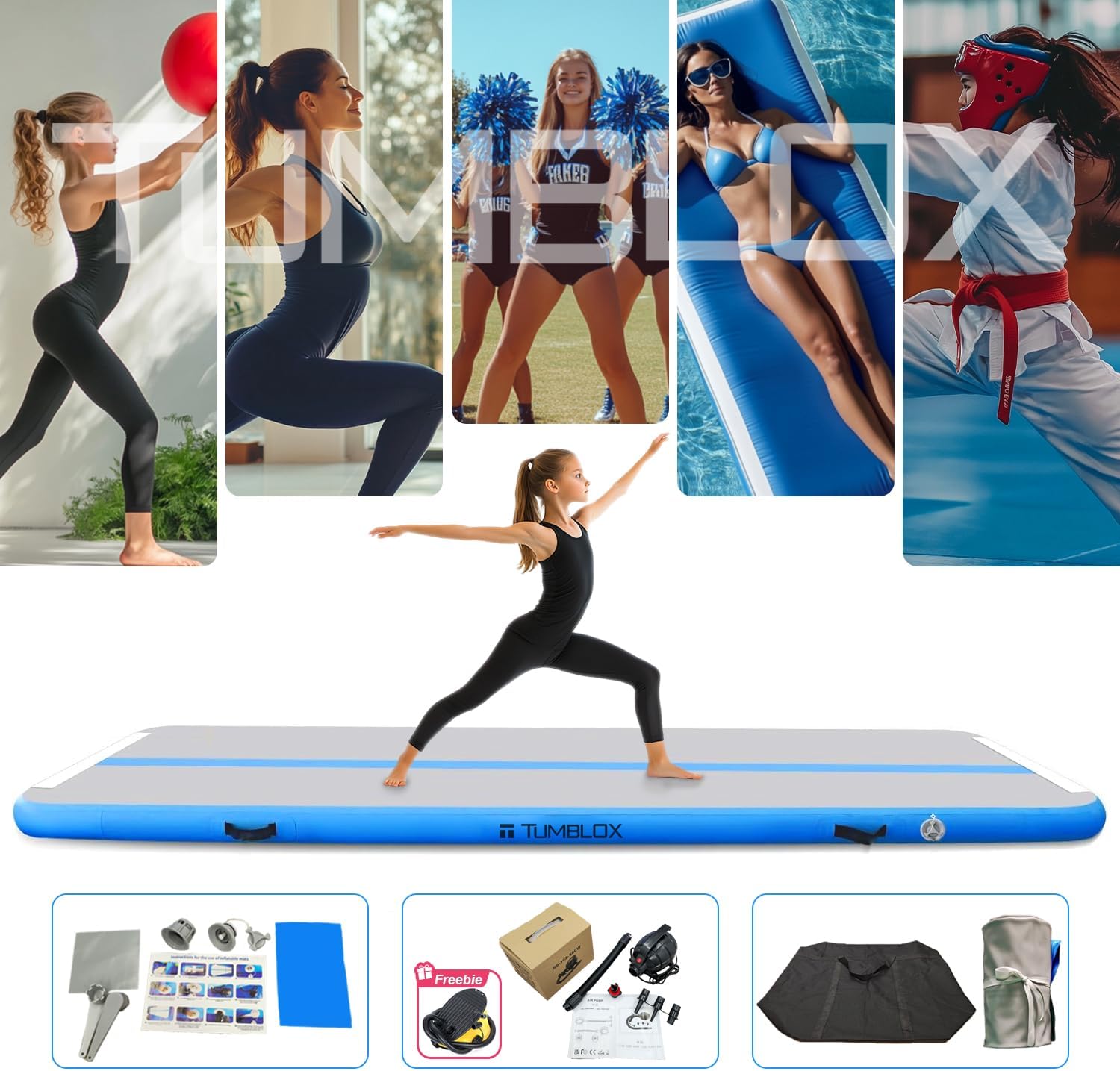 Air Gymnastics Mat Inflatable & Tumbling Mat – 4/8 Inches Thick with Electric Pump + Free Foot Pump – Ideal for Home, Gym, Water, and Beach Use