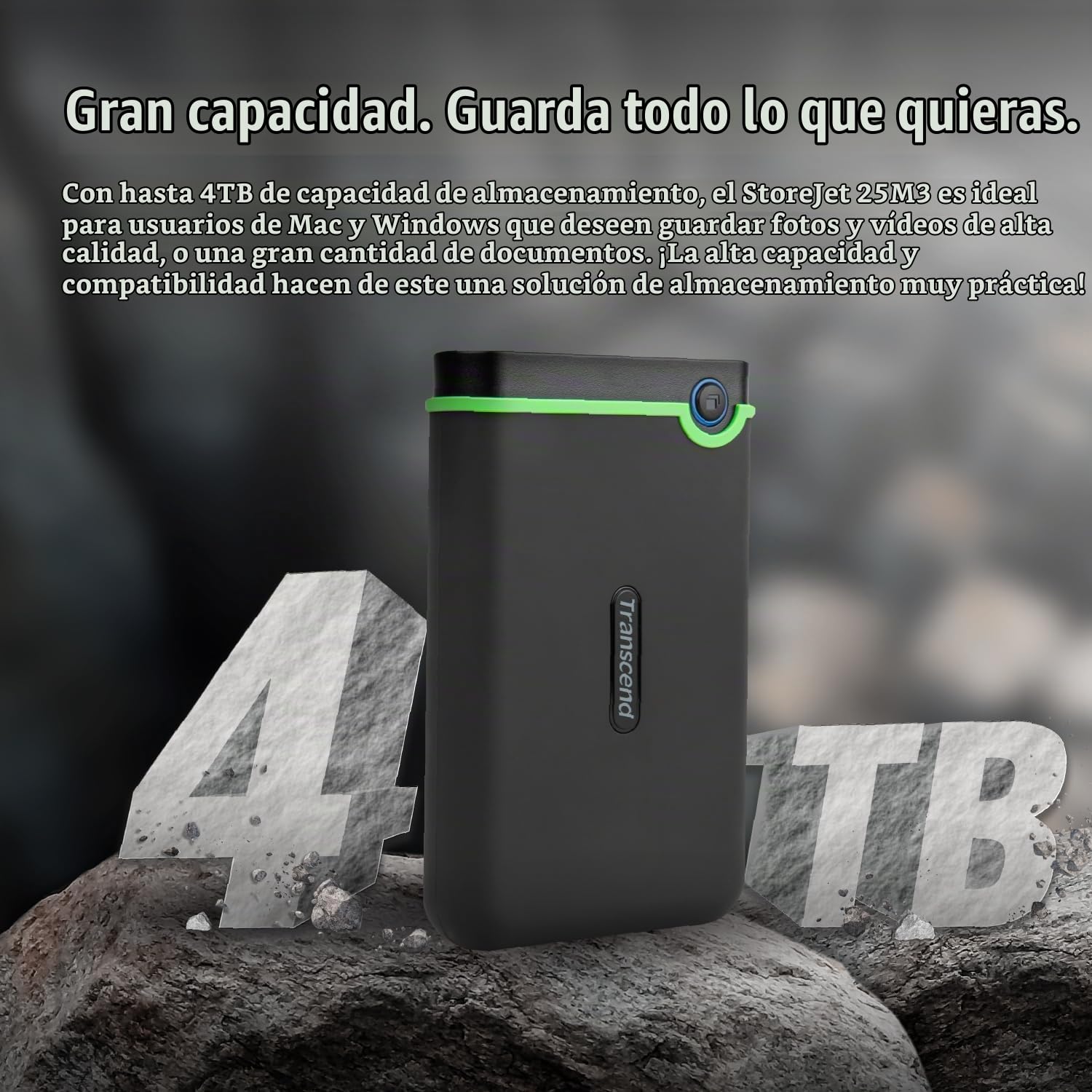 Transcend 2TB StoreJet 25M3G Disco Duro Externo Rugged de 2.5” USB Tipo-C Interfaz USB 3.1 Gen 1,Velocidades Ultrarrápidas y Botón de Copia de Seguridad con un Toque Verde TS2TSJ25M3G