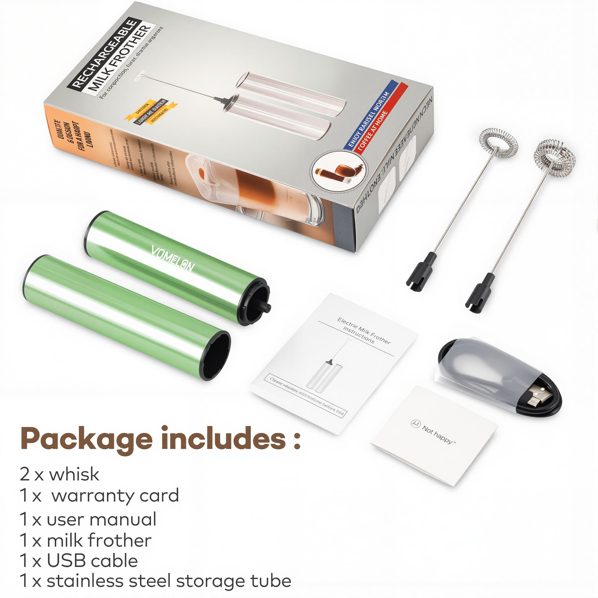 Espumador de leche recargable, espumador de café eléctrico, mezclador de bebidas de mano para latte, capuchino, café, huevos, chocolate caliente, proteínas, verde