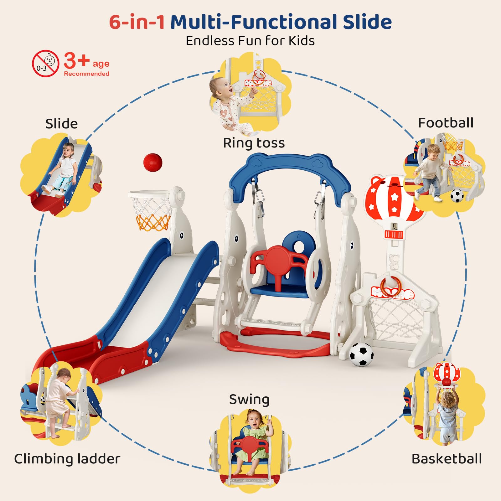 Slide per bambini ispessiti e allargati, scivolo per bambini piccoli indipendente con canestro da basket, attrezzatura per parco giochi con scivolo, scivoli all'aperto (blu rosso-6 in 1)