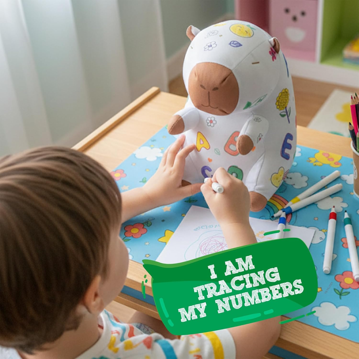 Capybara Coloring Plush Toy - Washable Doodle Stuffed Animal with Traceable Numbers & Letters - Color Me Plush Includes 4 Markers - Educational Reusable Draw on Stuffed Animal Doodle Doll