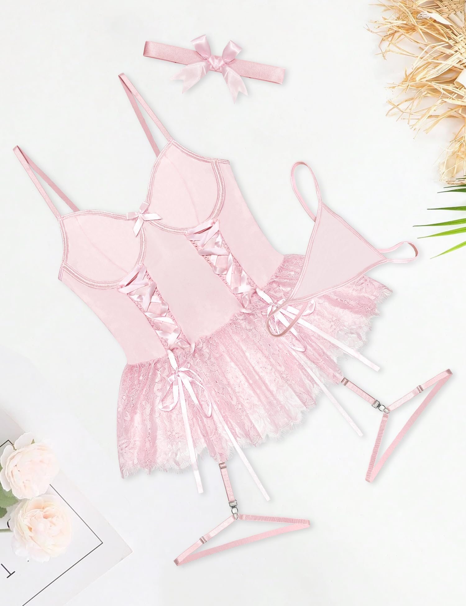 Mixxmix Women Sexy Lingerie Set Naughty Lace Up Corset Bodysuit Underwire Lingerie Babydoll With Garter Belt and Bow Tie: Pink Small