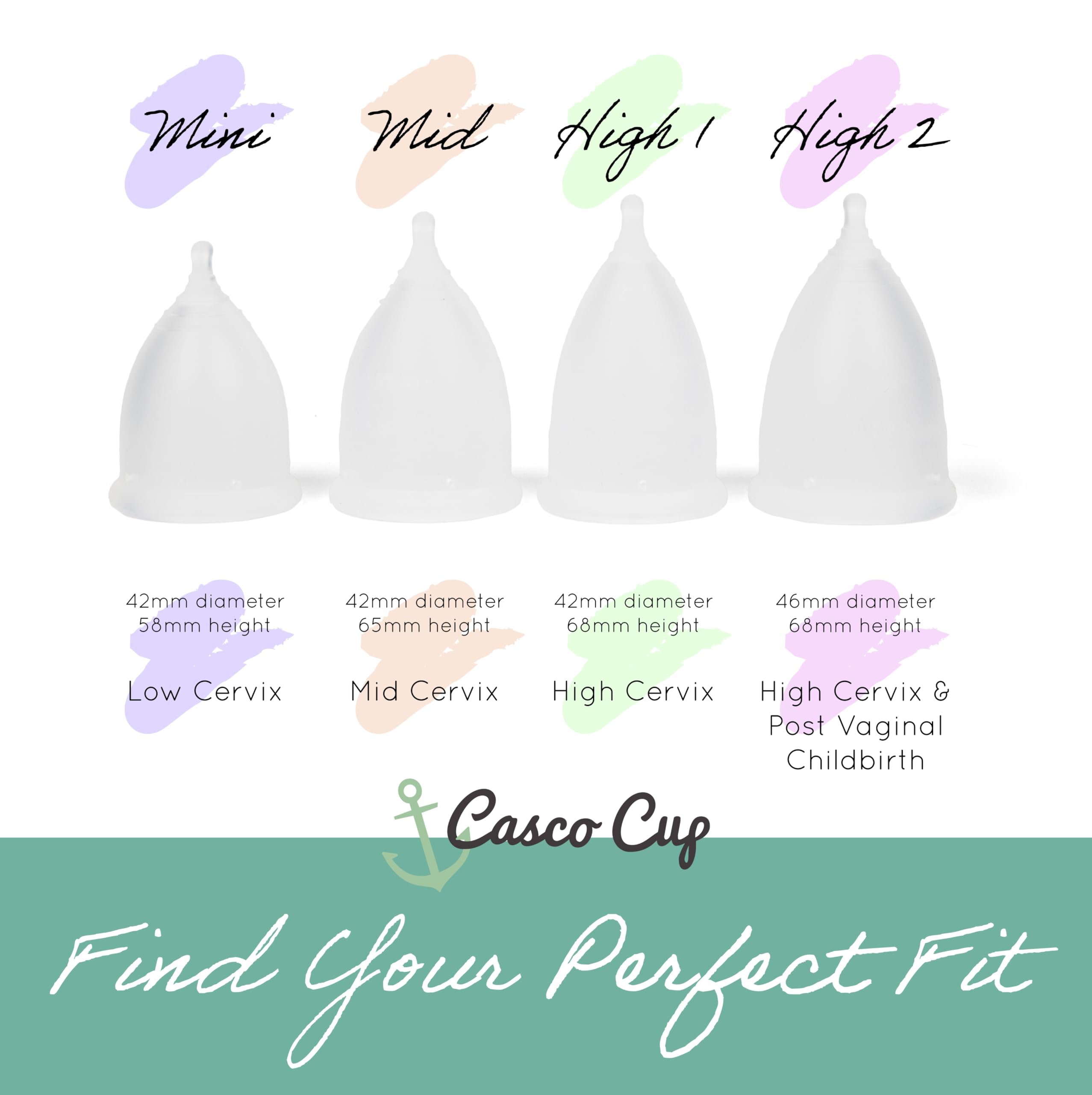 Casco - Copa menstrual y funda - Copa menstrual de silicona de grado médico fabricada en Maine USA, copa menstrual reutilizable. (Encuentra tu ajuste, paquete de 4)