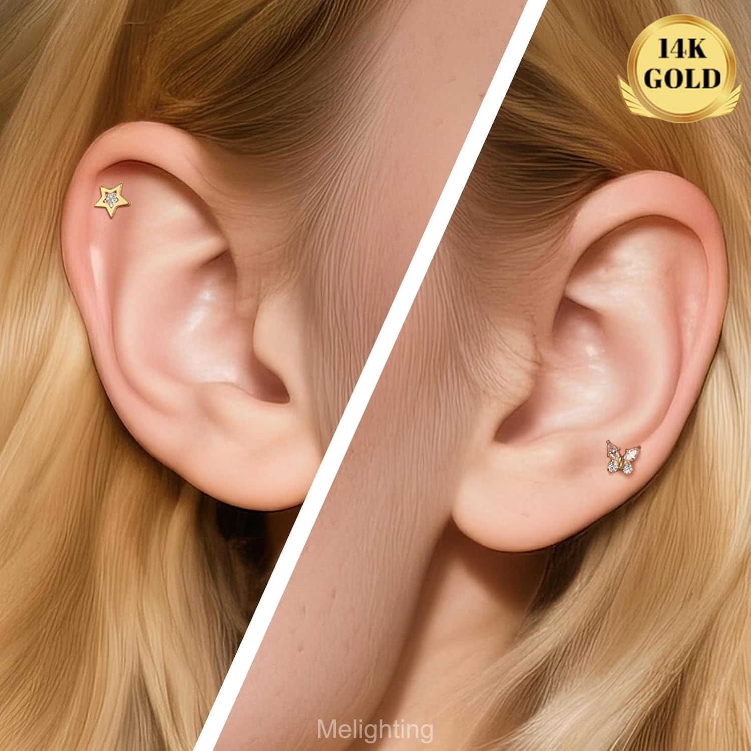 Melighting 14K Solid Gold Helix Piercing 16G Star Internally Threaded Flat Back Earring Clear CZ Tragus Stud Cartilage Conch Lobe Piercing Jewelry for Women 6/8 mm - Image 2