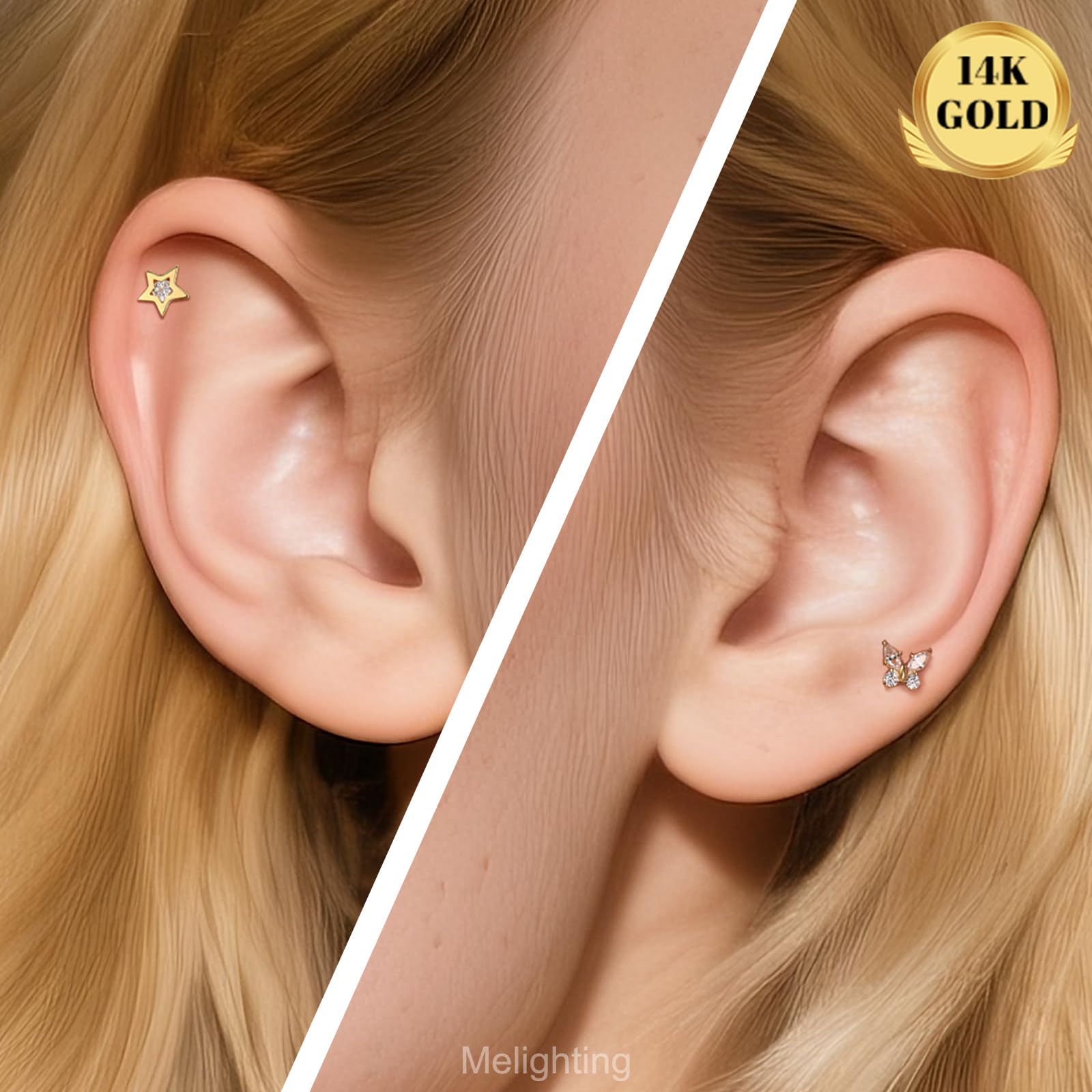 Melighting 14K Gelbgold Knorpel Ohrring Innengewinde Labret Stud Flach Zurück Ohrring CZ Stern Helix Stud Schmetterling Lippen Piercing Schmuck 6MM/8MM