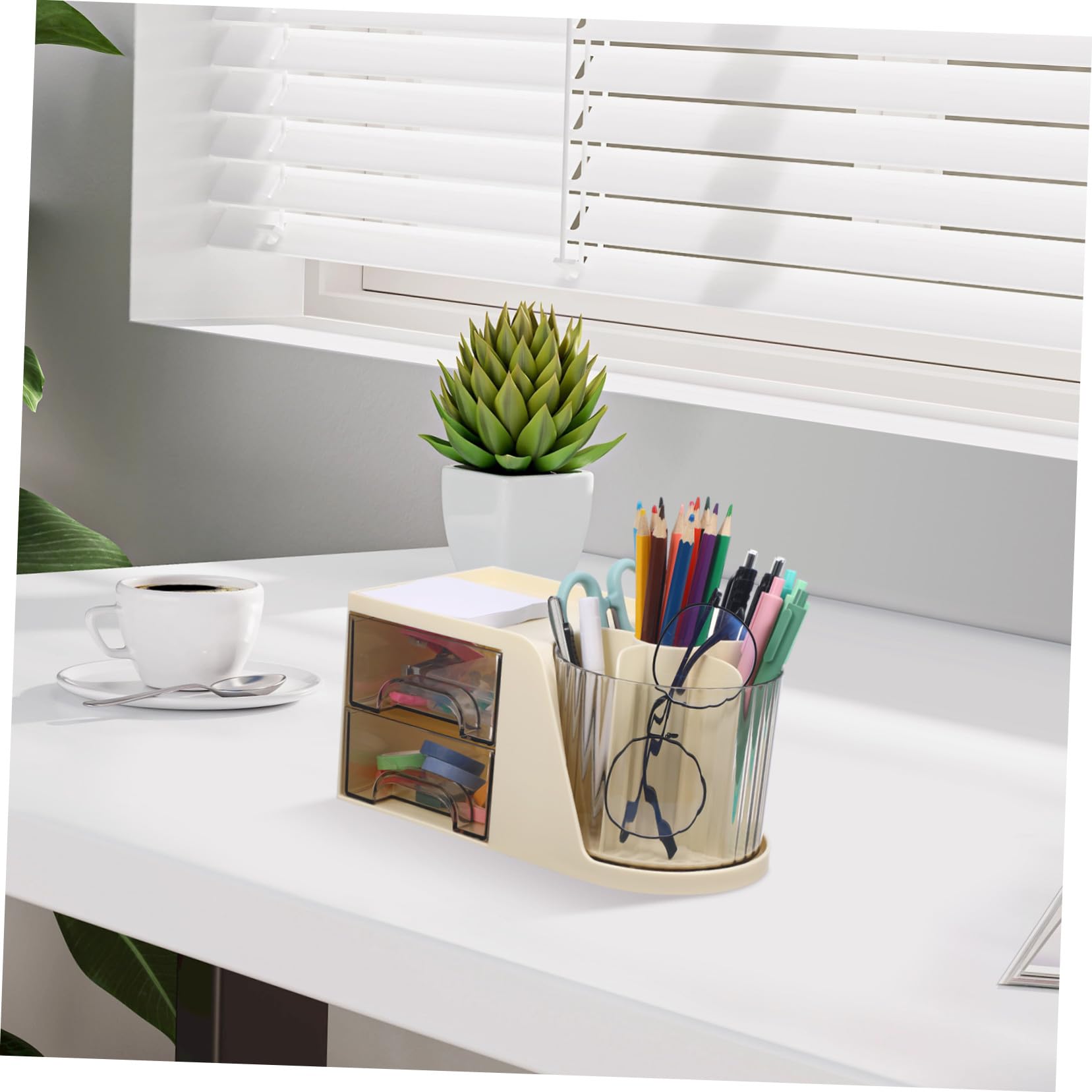 Moderner Desktop Organizer Weiß mit Geteiltem Stiftehalter und Zwei Platzsparende Kunststoff aufbewahrungsbox für Büro und Zuhause Vielseitiger Stifthalter und Büro organizer