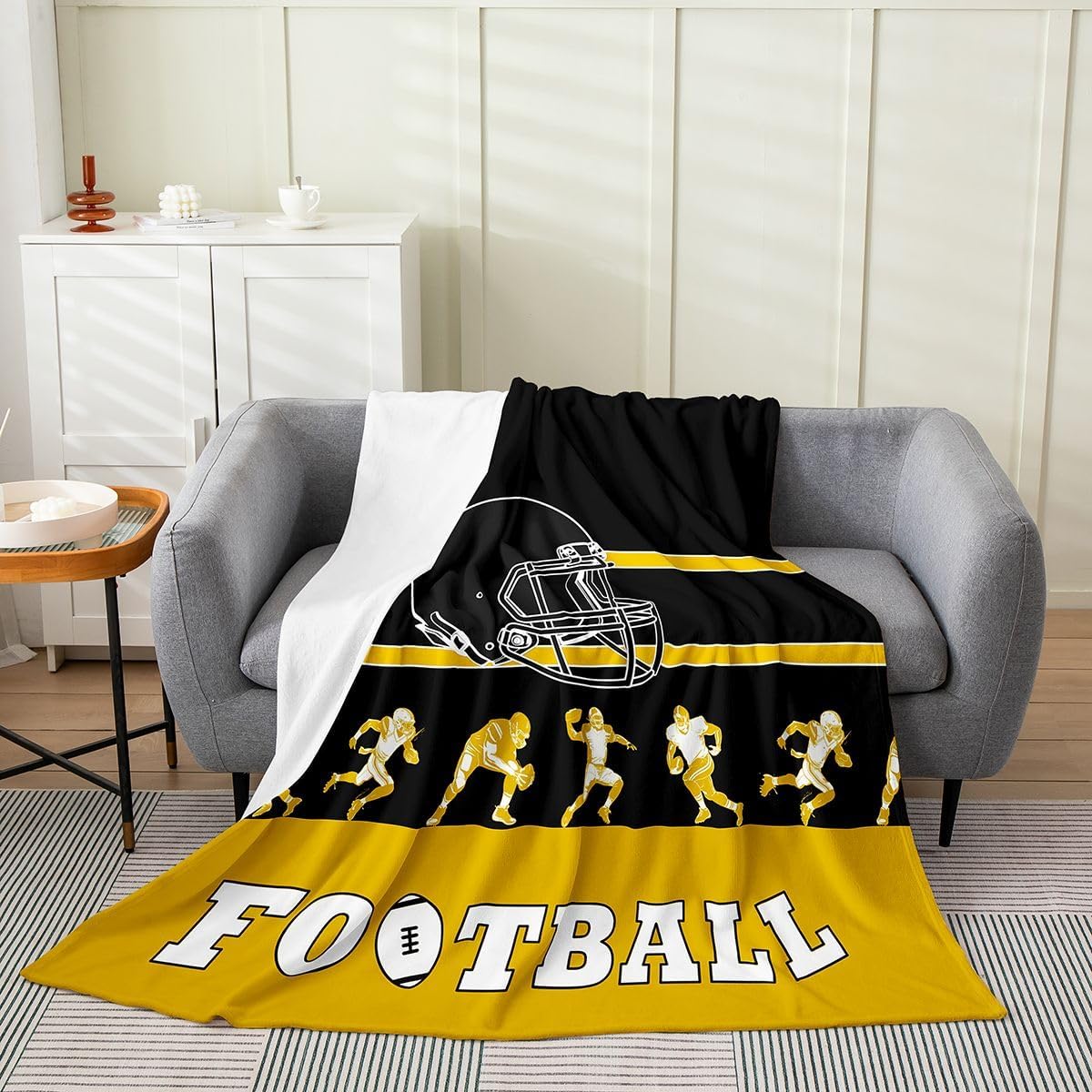 Erosebridal Football Flannel Blanket 90x90 inch,Football Throw Blanket for Kids Boys Girls,White Blue Orange Sports Bed Blanket,Football City Team Fleece Blanket for Bed