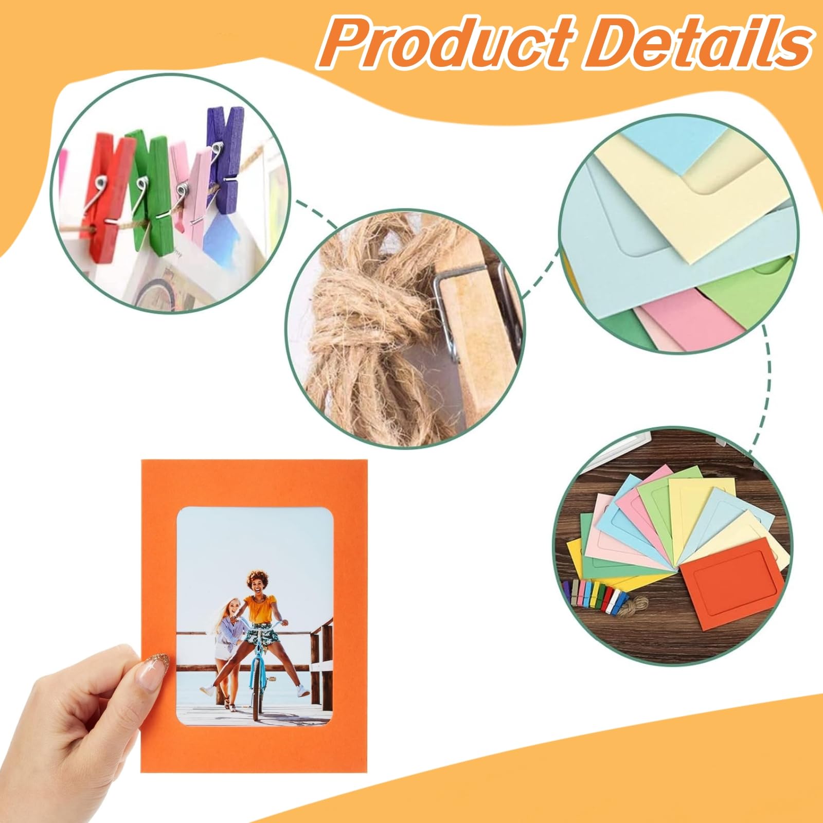 30Pc Paper Photo Frame, Paper Picture Frames, Hanging Paper Photo Frame Set, Colorful Paper Picture Frames, With Mini Wooden Clamps And Twine 63 Pieces In Total For Party Wall Decoration (10 Color) - Image 2