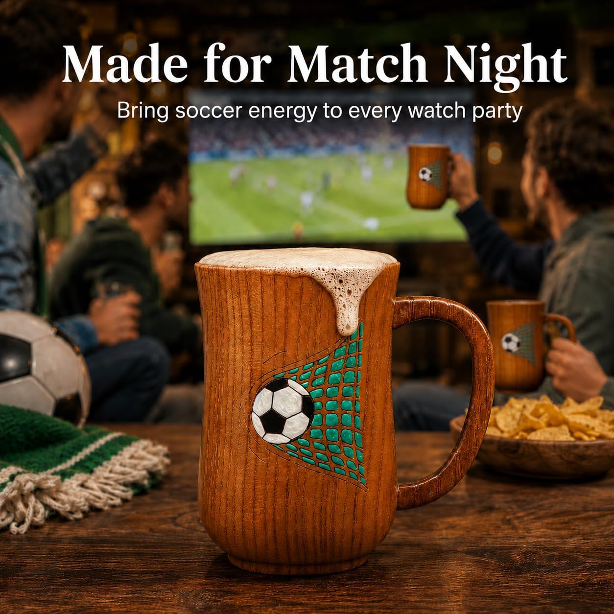Soccer Wooden Beer Mug 17 oz, Solid Wood Beer Stein with Roomy Textured Handle, Painted Design and Gift Box, Soccer Gifts for Men, Game Day Mug for Watch Parties and Home Bar