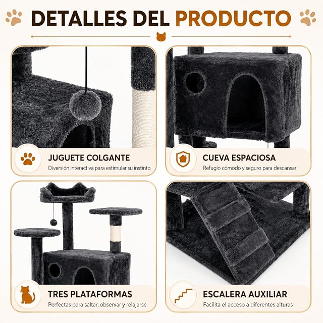 Foto 4 de 8 de Árbol rascador para Gatos Grandes 150 cm, Torre multinivel Gris con 2 Cuevas, Cama Superior, Plataformas