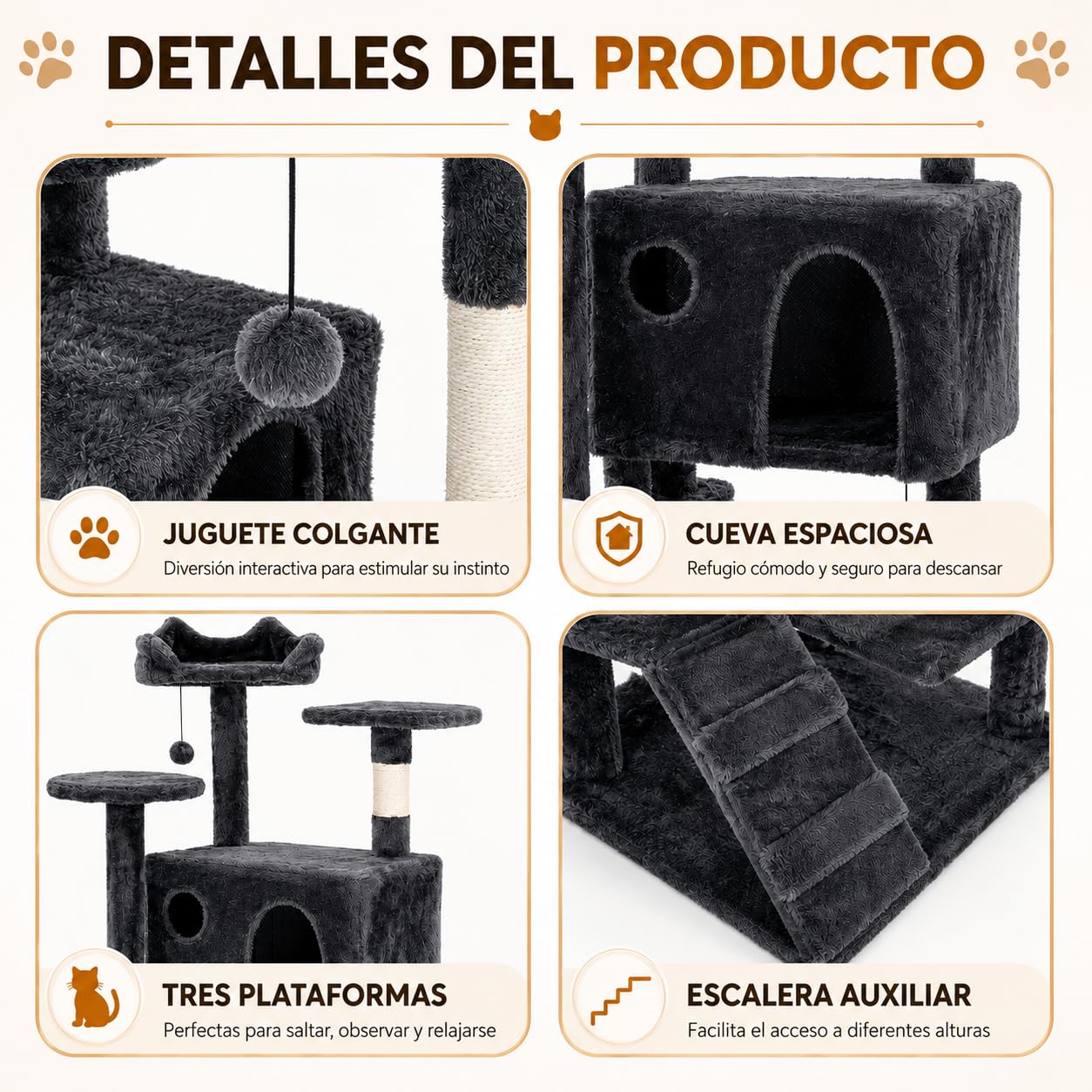 Árbol rascador para Gatos Grandes 150 cm, Torre multinivel Gris con 2 Cuevas, Cama Superior, Plataformas, Postes de sisal,