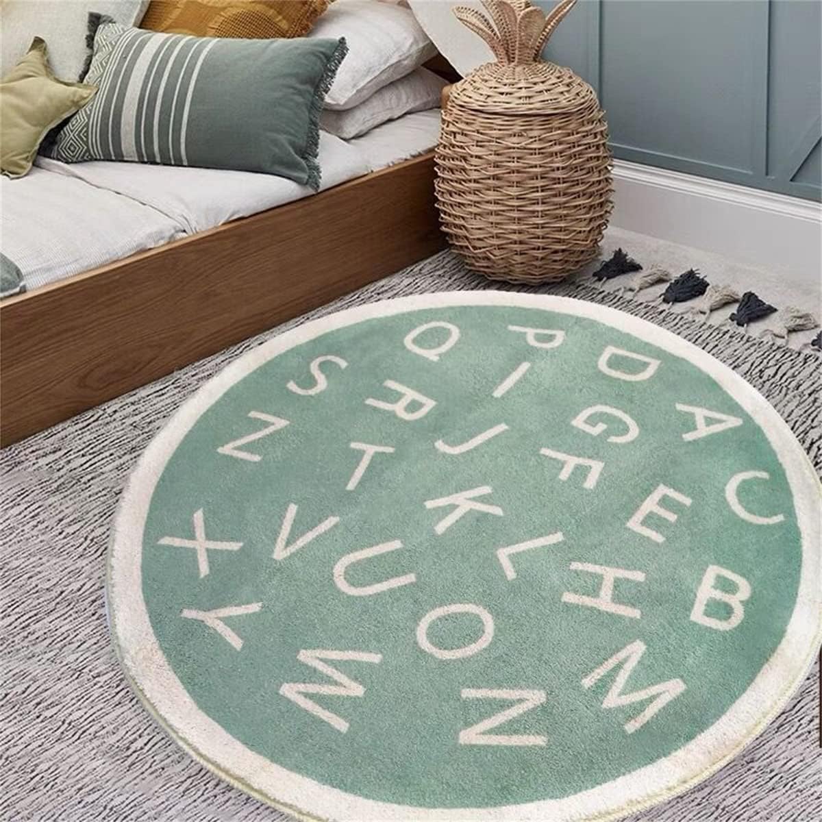 ABC Alphabet Runde Teppich weiche Cartoon Plüsch Teppich niedlich Teppich rutschfest für Baby Kinder Zimmer Klassenzimmer Kinderzimmer Zimmer Jungen Mädchen Zimmer Dekor (Grün, 120cm)