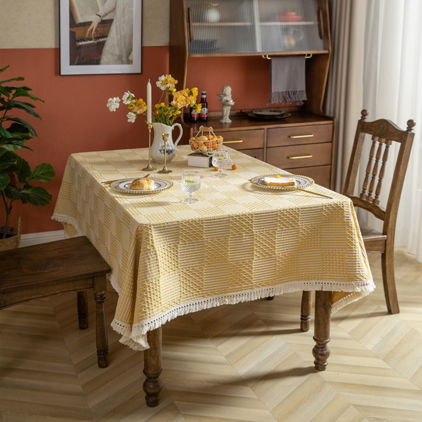 Mantel Mesa Rectangular Antimanchas | Elegante Mesas de Café con Borlas | Cubierta de Mesa Resistente | Moderno para Decoración la Mesas Comedor (Amarillo,140x220 cm)
