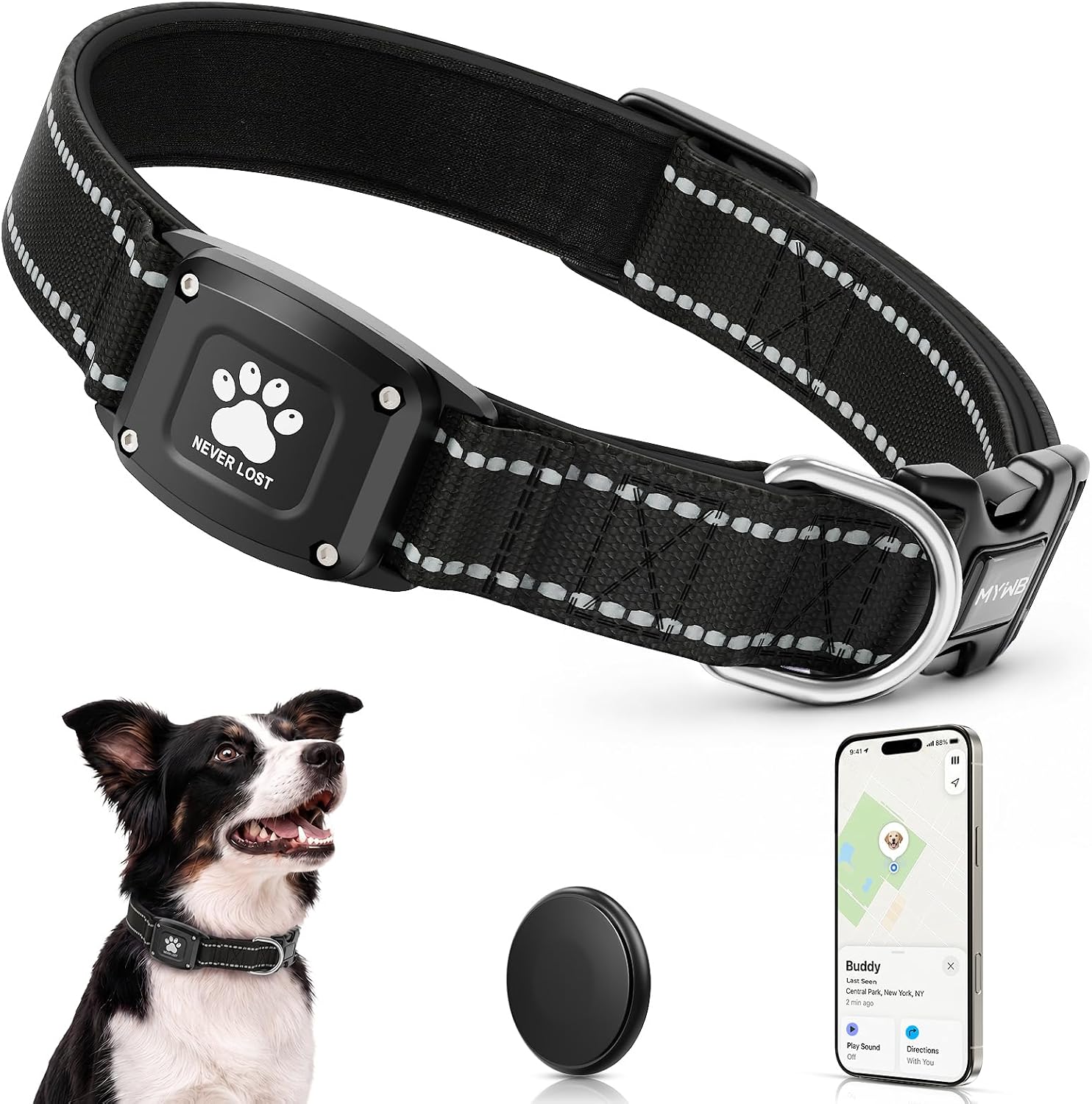 GPS Dog Collar with Tracker, Waterproof, No Monthly Fee, Black, L | Works with Apple Find My, iOS Only, MFi Certified, No SIM Card, for Large Dogs, Reflective Padded Nylon, Neck 16.5-23.5 in
