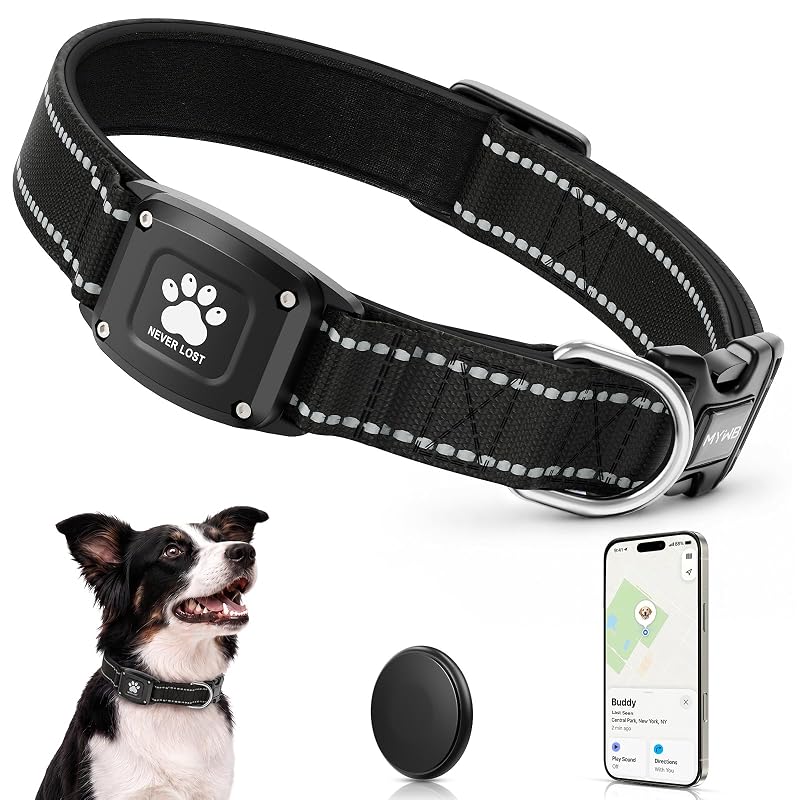 Coleira GPS para Cães com Rastreador Myiwb, Nylon, Apple Find My, Preta, L (41,91–59,69 cm)