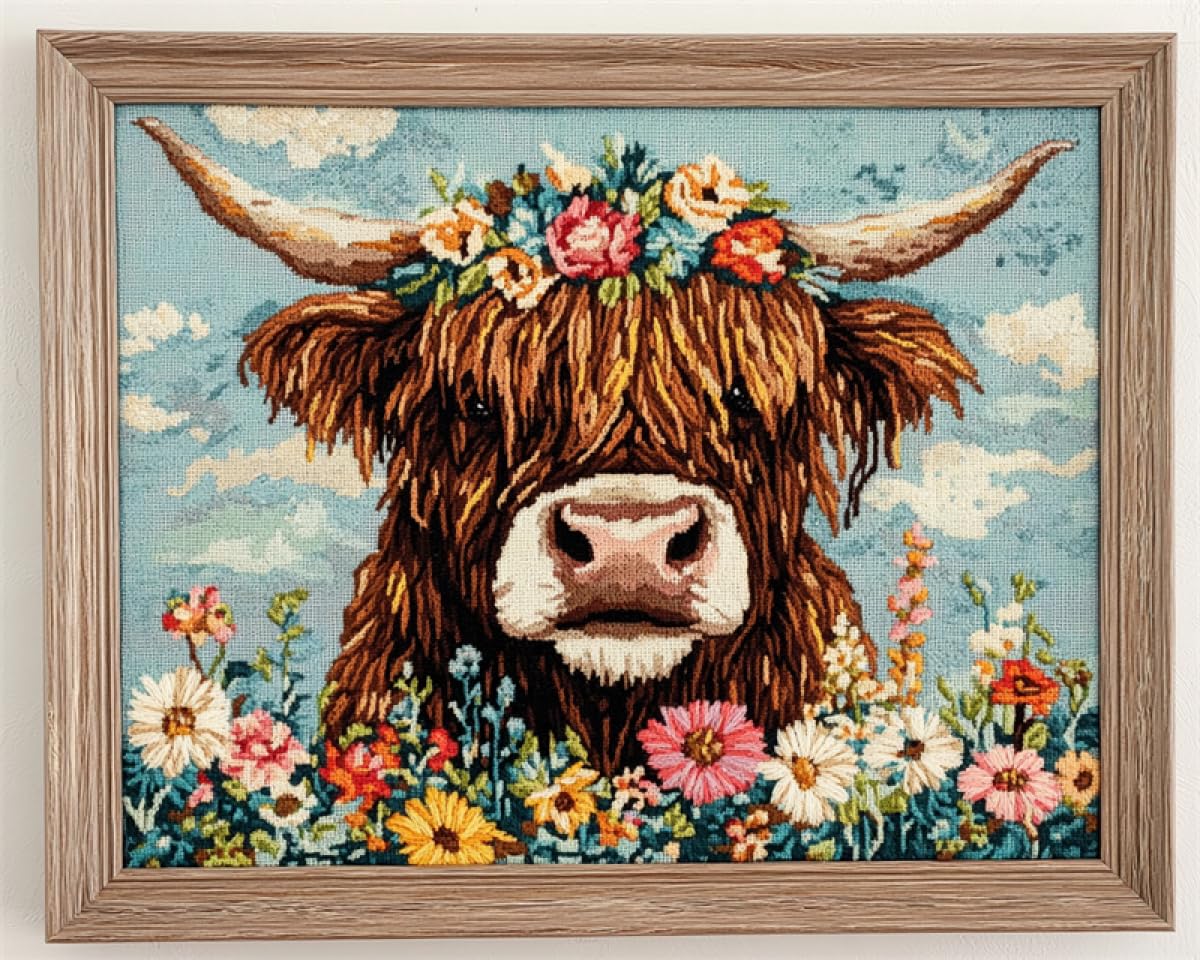 9CT Diy Kit De Punto De Cruz Con Cuentas Kit De Bordado De Vacas Y Flores De Las Tierras Altas,Kit De Manualidades Con Animales De Fantasía,Kit De Bordado Con Cuentas Para Pintura Y Tapiz 3 50x60cm