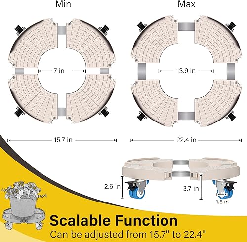 Miniatura 10 de Goovilla Soporte para plantas con ruedas resistente, 1 paquete ajustable de 15 a 22 plantas con ruedas giratorias bloqueables de 440 libras, soporte