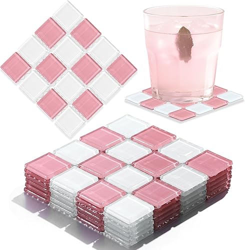 Queekay Juego de 6 posavasos a cuadros rosa y blanco para bebida, 4 pulgadas, cuadrado de vidrio, para mesa, bar, decoración del hogar, idea de