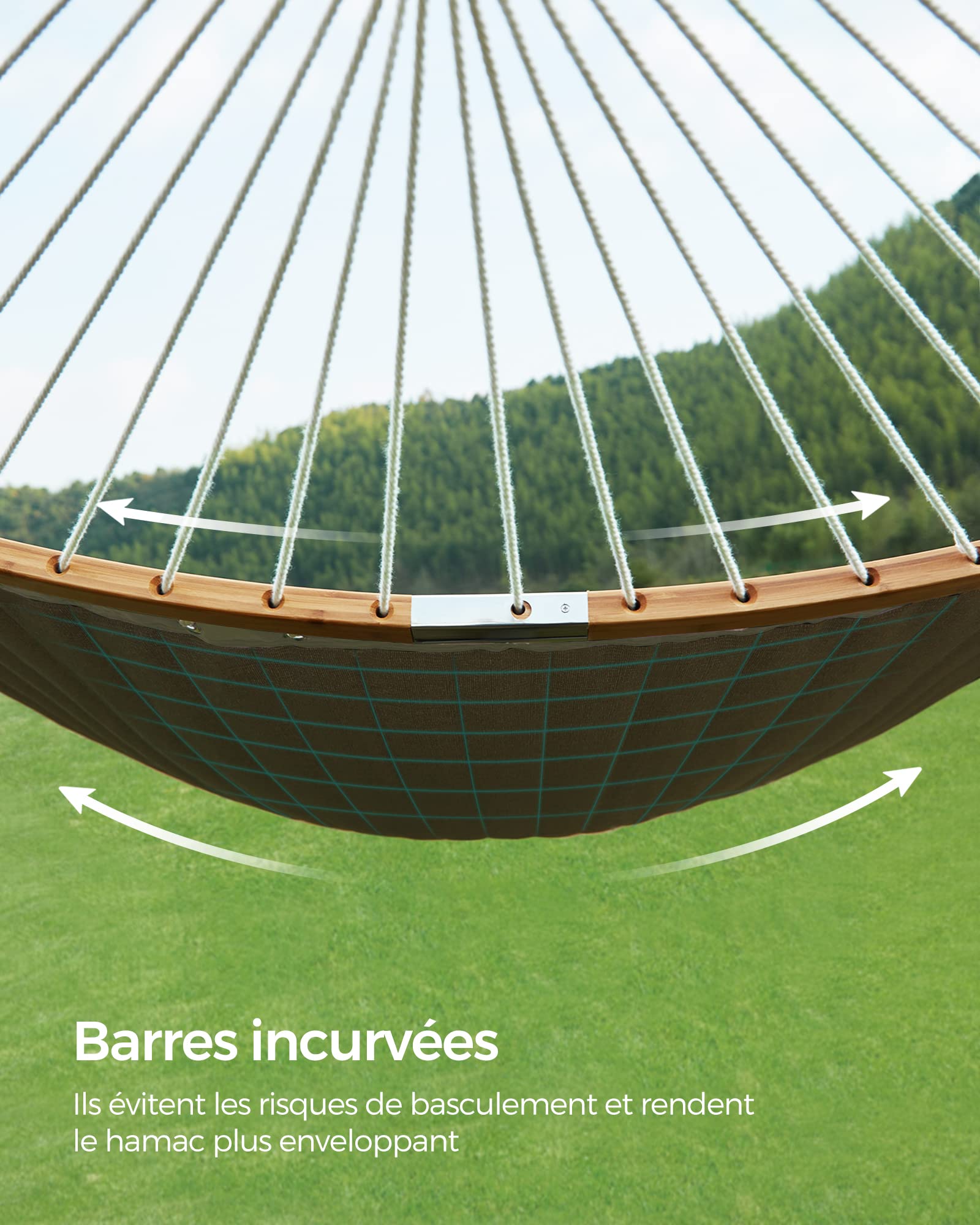 SONGMICS Hamac Double Rembourré Matelassé 200 x 140 cm 225 kg avec Barres Incurvées Démontable Bambou Oreiller Crème Beige GDC34BE