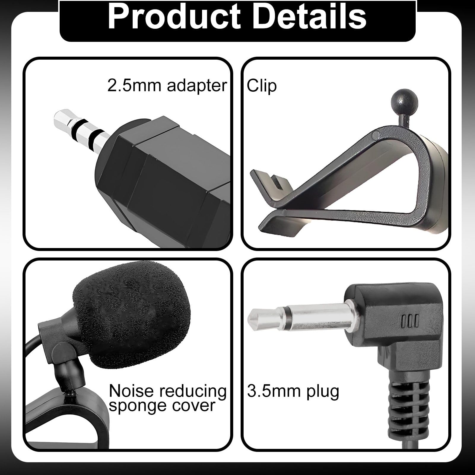 Microfono per Auto con Spugna Antirumore, Jack 3,5mm e 2,5mm, Clip di Montaggio, 3m di Cavo, Compatibile con Sony Pioneer Kenwood Boss JVC Jensen Alpine