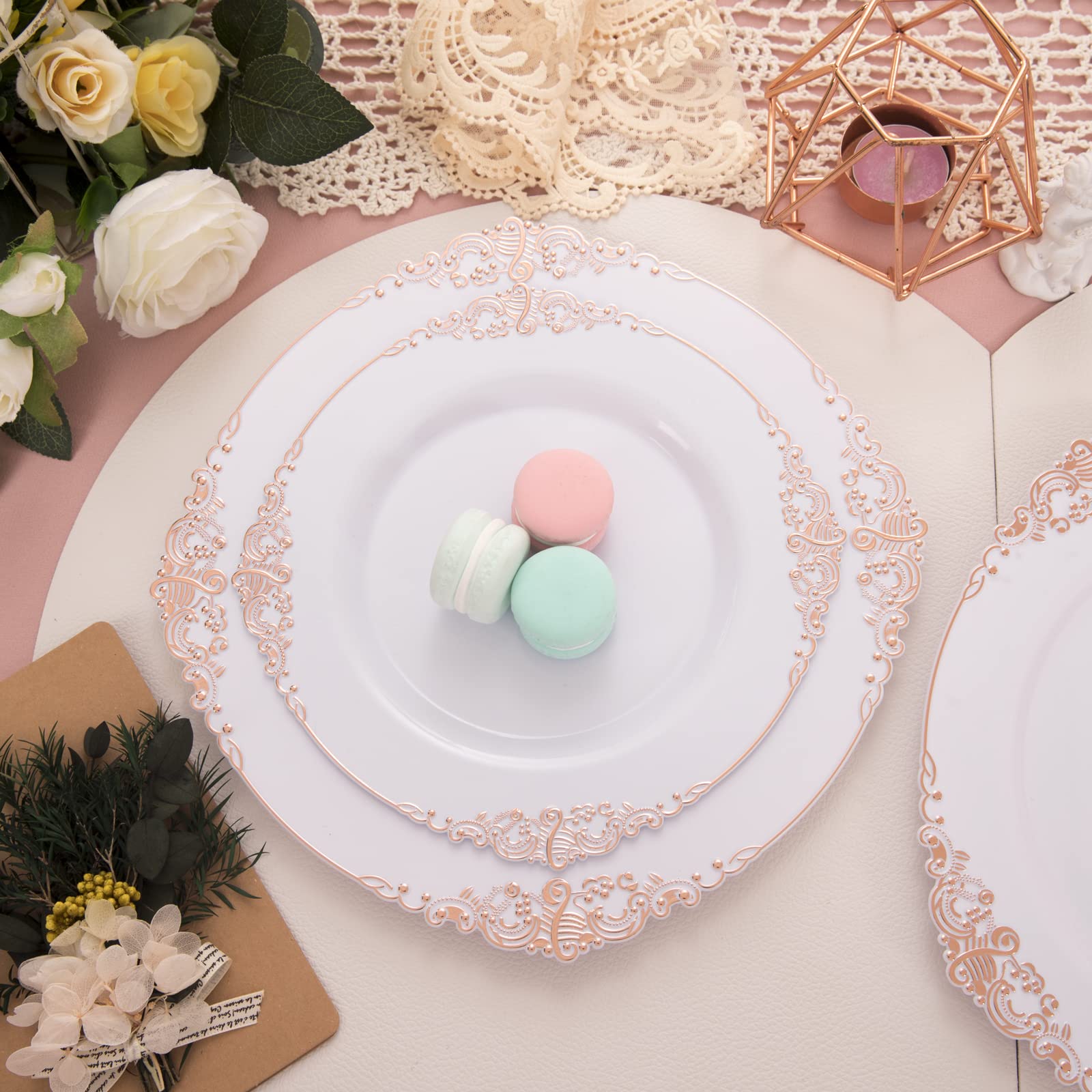 Morejoy200 Pieces Rose Gold Plastic Plates - Rose Gold Disposable Plates-10.25inch&7.5inch White Plastic Dinner Plates With Rose Gold Rim for Weddings & Parties & Shower