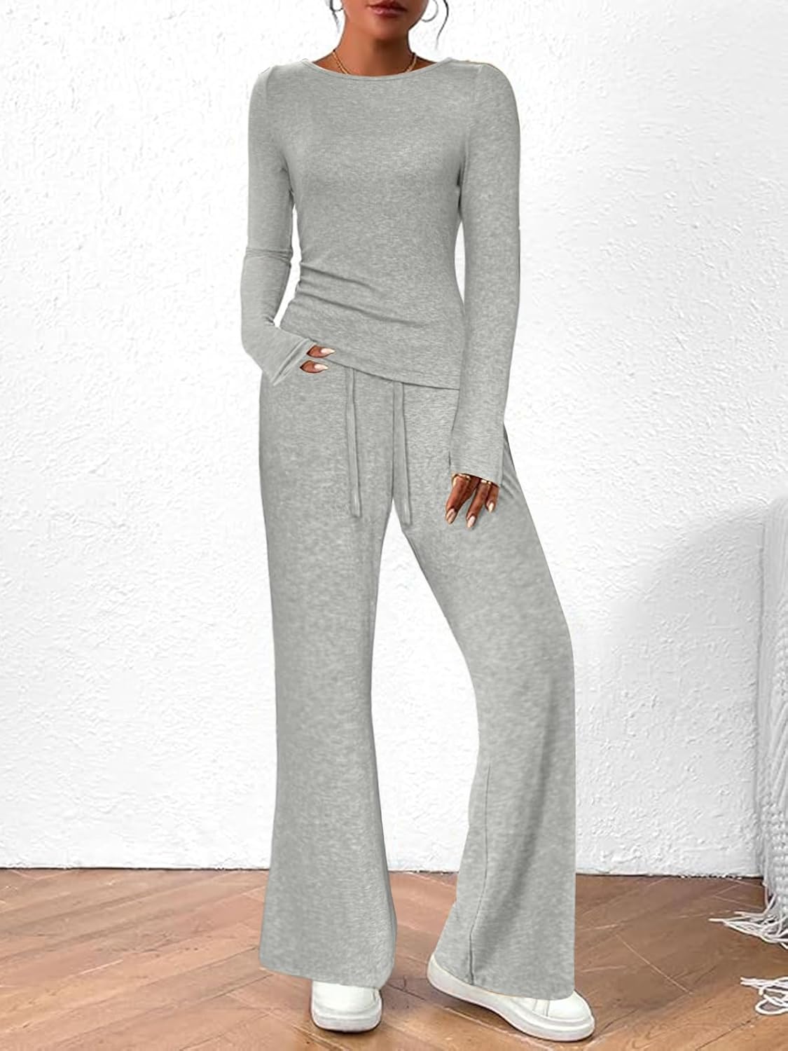 BeautyNee Women's 2 Piece Loungewear Long Sleeve Crop Top Wide Leg Pants Set Tracksuits Casual Outfit Sweatsuit - Image 2