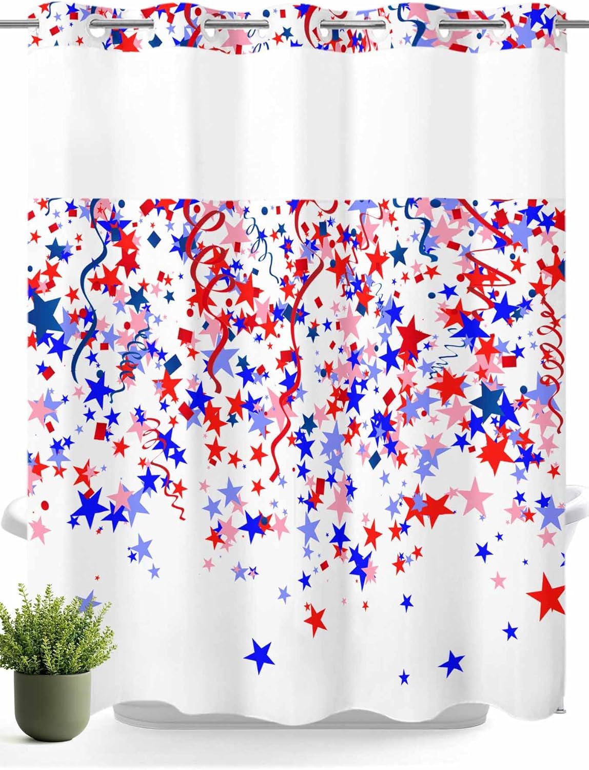 No Hook Shower Curtain with Snap in Liner, Independence Day Red Blue Stars Waterproof Bath Curtain Double Layers with See Through Top Window, American Patriotic Star Hotel Shower Curtains