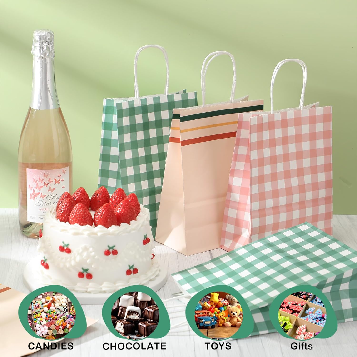 Kolldenn 36 Pcs Gingham Camp Paper Bag Gingham Party Supplies Pink Green Plaid Checkered Goodie Bags with Handle for Camp Bachelorette Baby Shower Wedding Birthday Party Favor Supplies - Image 3