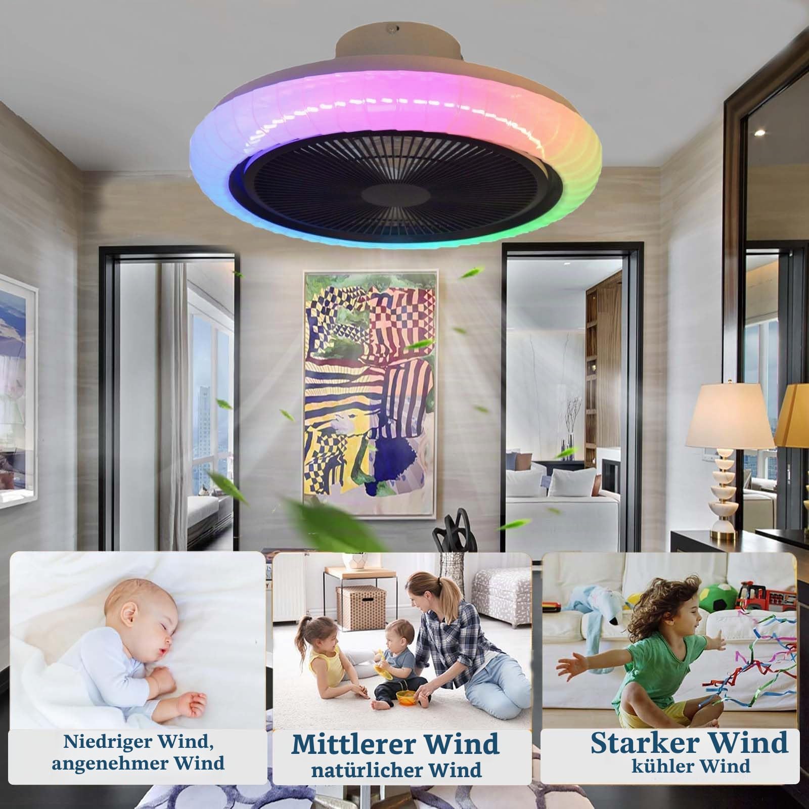 Deckenventilator Mit Beleuchtung Und Fernbedienung Leise RGB 36w Ventilator Lampe App Alexa Reversibel Dimmbar LED Farbwechsel Timer Schlafzimmer Wohnzimmer 50cm Smart 6 Speed