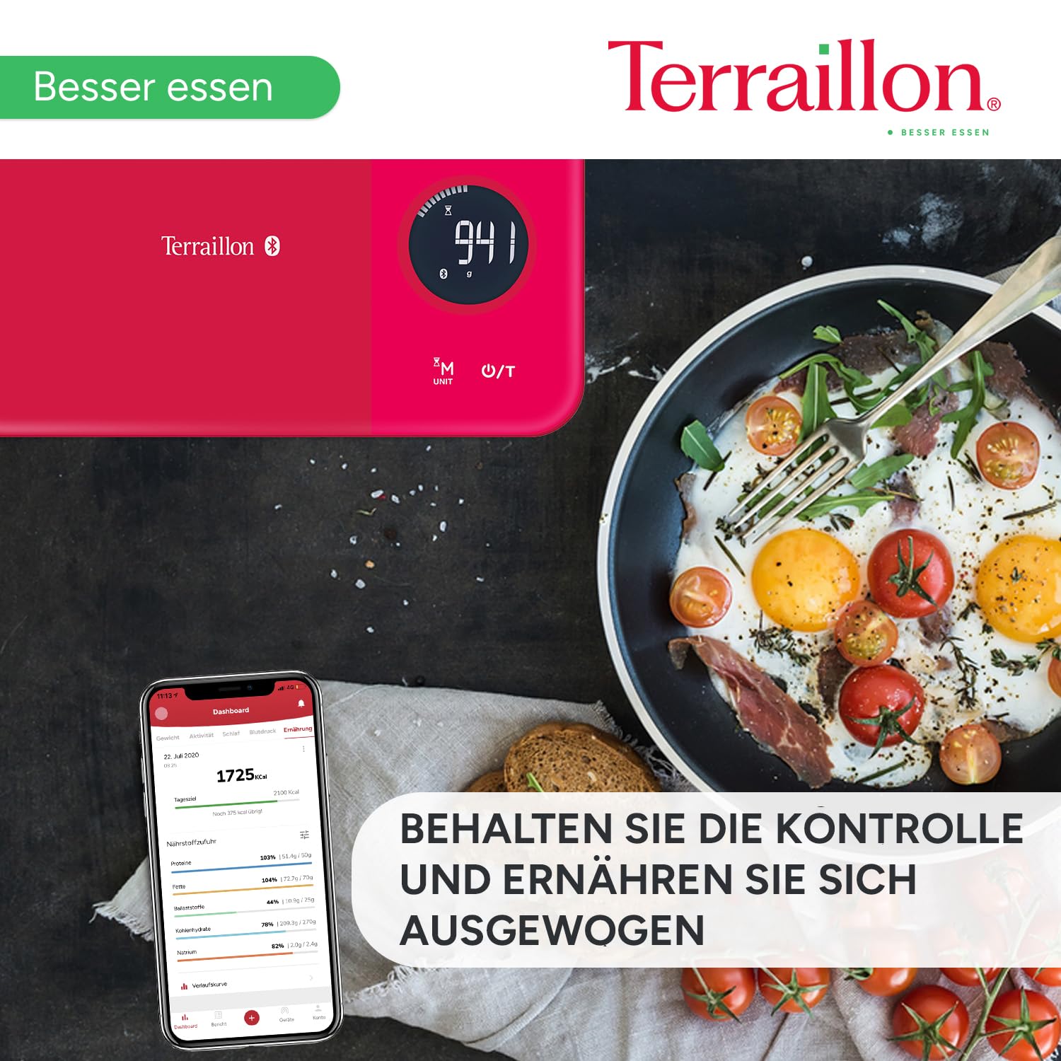 Terraillon Küchenwaage, Mit Smartphone/Tablet verbindbar, Berechnung der Energieaufnahme, Mit Tara-Funktion, Flüssigkeitsanzeige, Timer, Bluetooth Smart, 5 kg, NutriTab, Cranberry Rot
