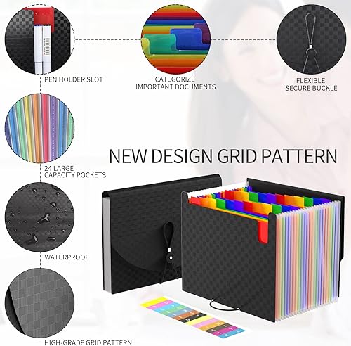 Miniatura 2 de Carpetas de archivos expansibles, organizador de archivos de acordeón con 24 bolsillos, carpeta de documentos de acordeón, caja de archivo Negro