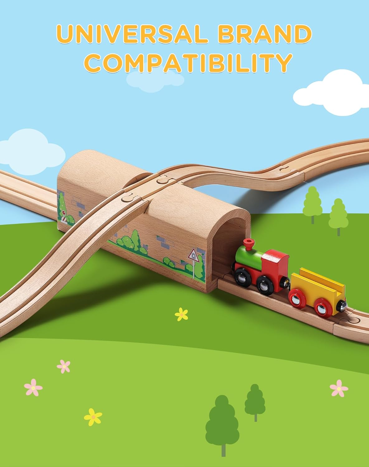 SainSmart Jr. Wooden Train Track Accessories Bridge Tunnel, Wooden Train Track Bridge Compatible with Thomas, Brio, Chuggington, Melissa and Doug, Made of Sturdy Hardwood for Long-Term Play