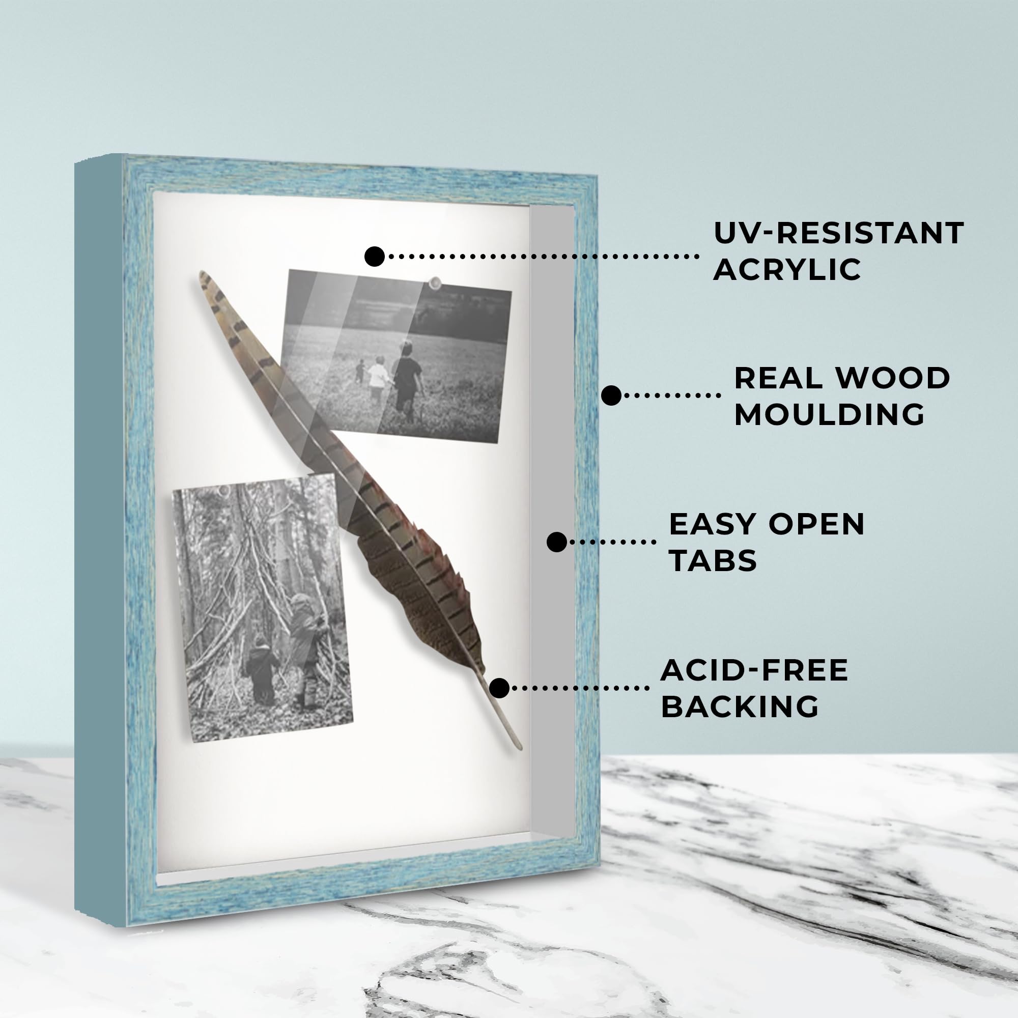 6x5 in Shadow Box Frame Blue | 1.125 Inches Deep Real Wood Rustic Shadowbox Display Frame | UV Resistant Acrylic Front, Acid Free Backing, and Hanging Hardware | Jaylee Picture Frame Style