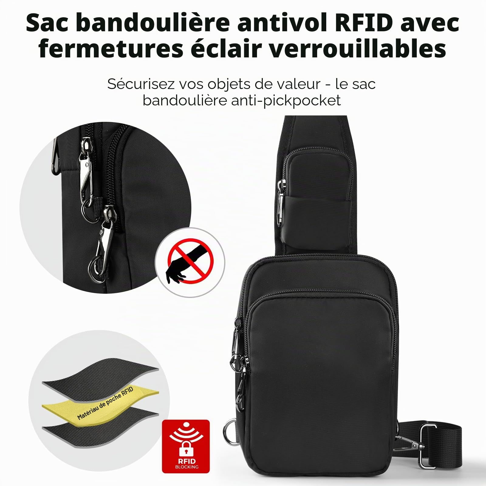 BROADREAM Sac à bandoulière antivol - Sac de poitrine - Sac à bandoulière - Pour homme et femme - Petit homme - Avec fermeture éclair et blocage RFID