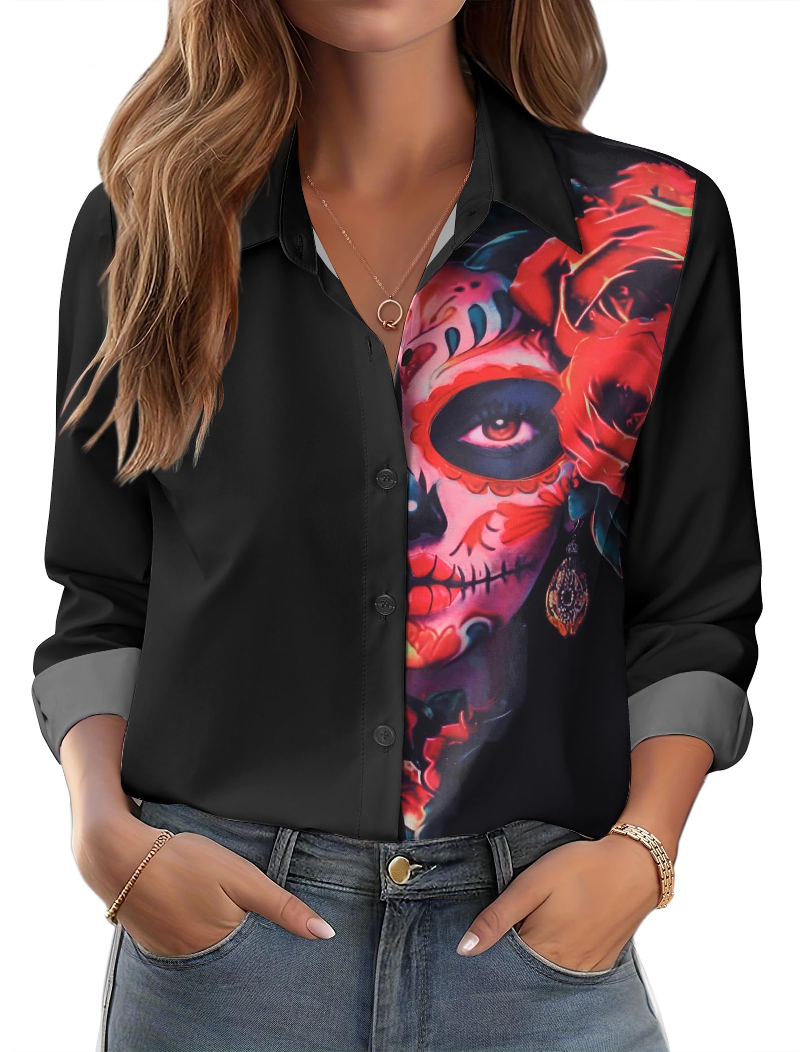 Zeagoo Button Down Shirts for Women Dressy Floral Printed Long Sleeve Blouse Business Casual Work Tops