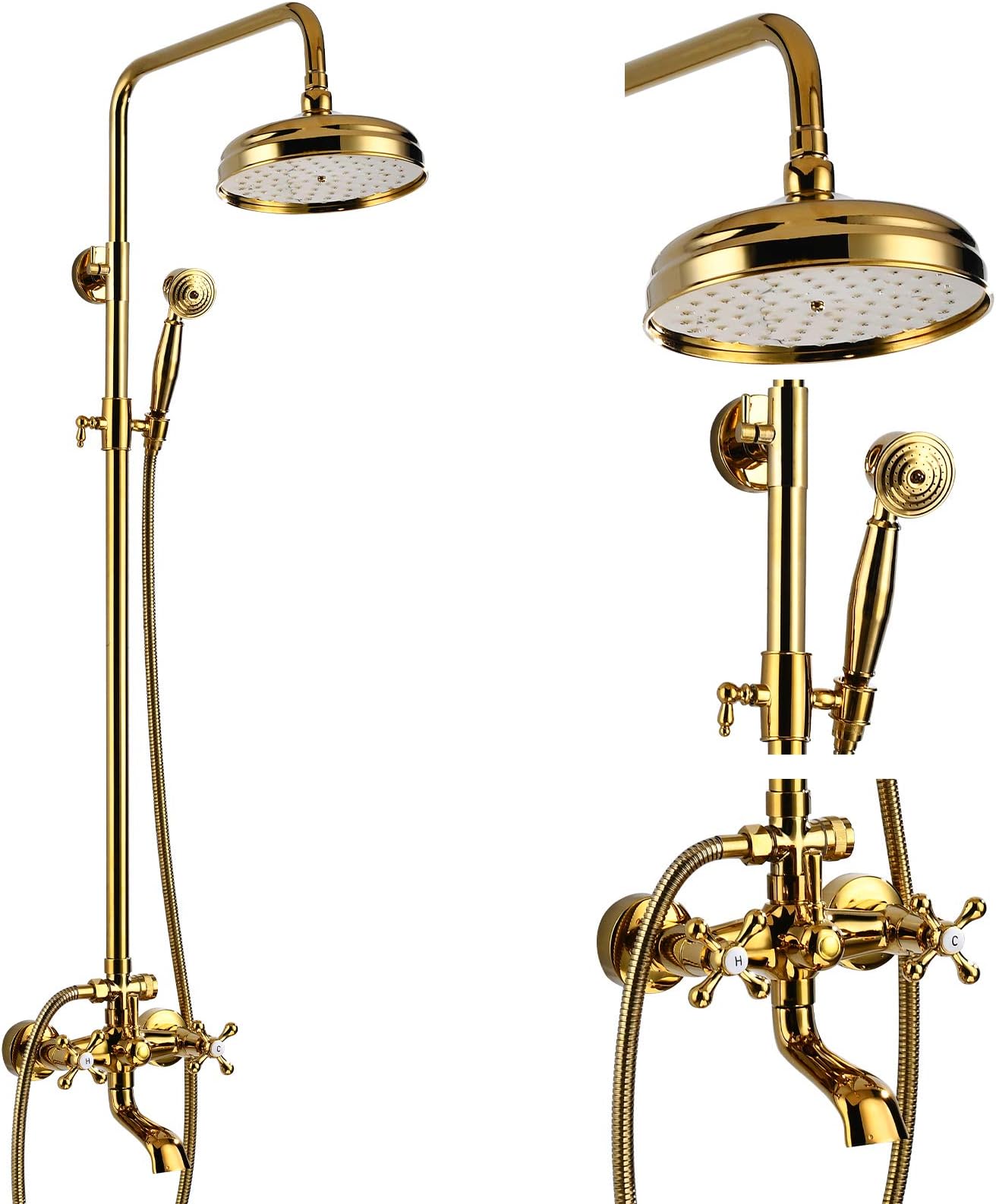 gotonovo Bathroom Shower Faucet Rain Mixer 8 Inch Round Shower Head Double Cross Handle with Tub Spout Wall Mount Bathroom Shower Fixtures 3 Function Metal Handheld Sprayer Polished Gold