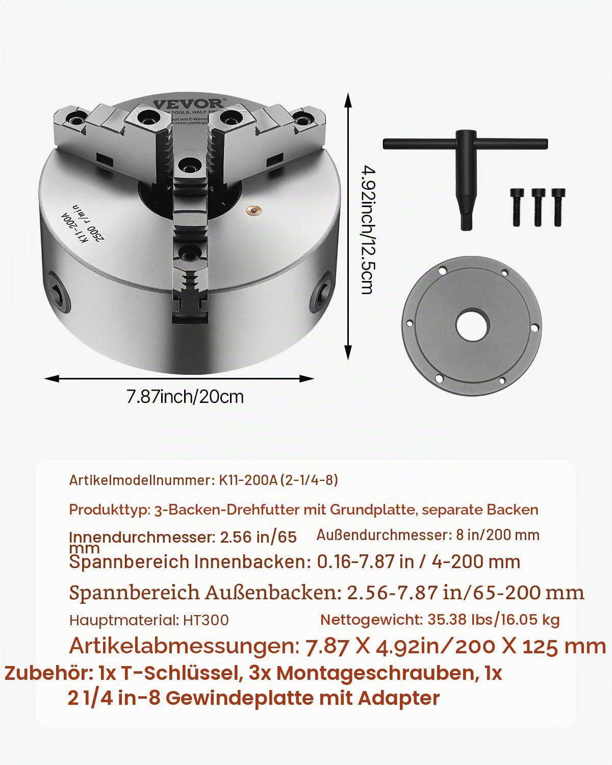 VEVOR 3-Backen-Drehfutter, φ200 mm, Spannfutter mit 57,15-mm-8-Gewinde-Trägerplatte, 4-200 mm Spannbereich mit T-Schlüsselschrauben, HT300-Material, für Holz-Metall-Drehmaschinen