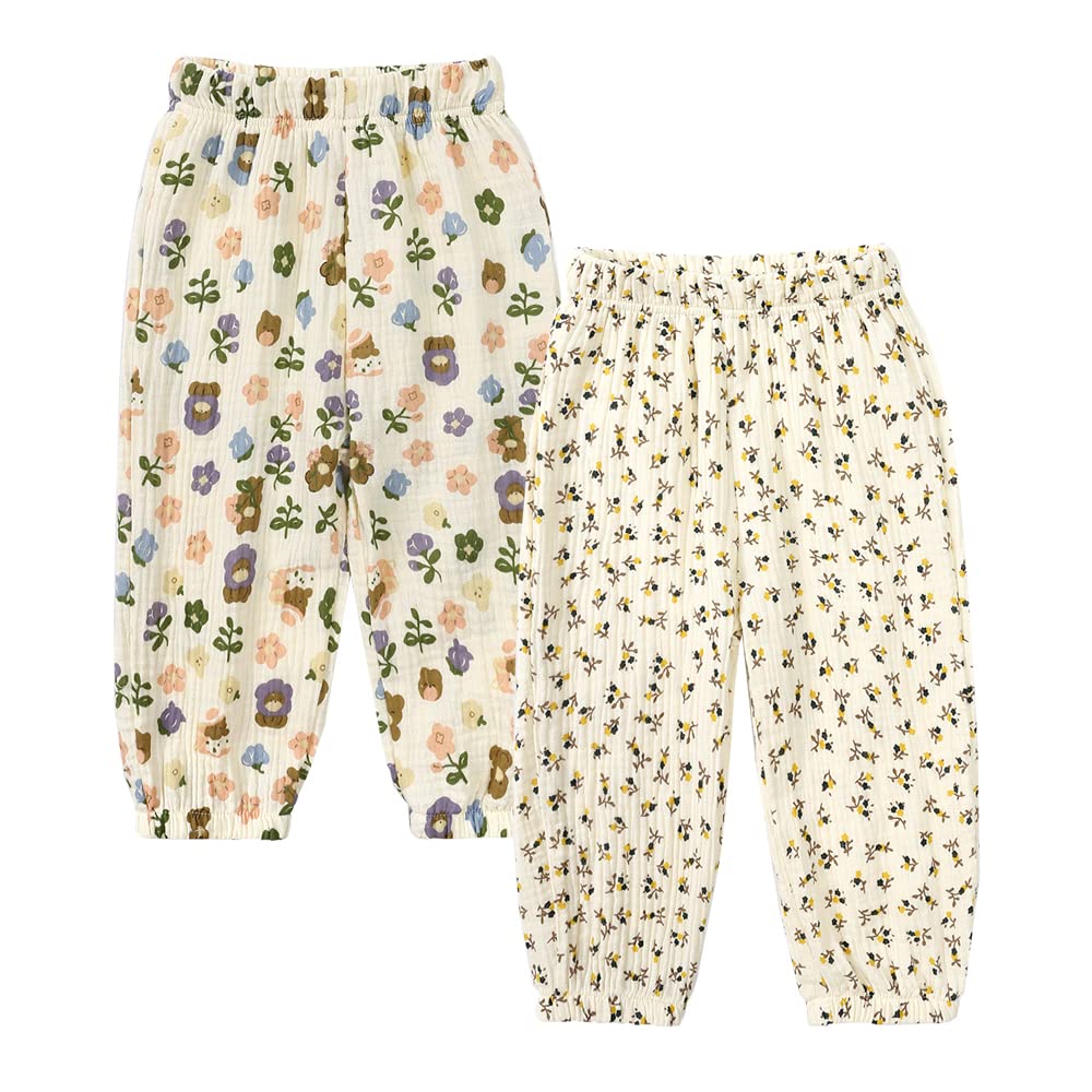 Kids Tales2Pack Baby Girls Cotton Linen Bloomer Harem Pants Floral Casual Elastic Waistband & Ankle Trousers Jogger Bottoms