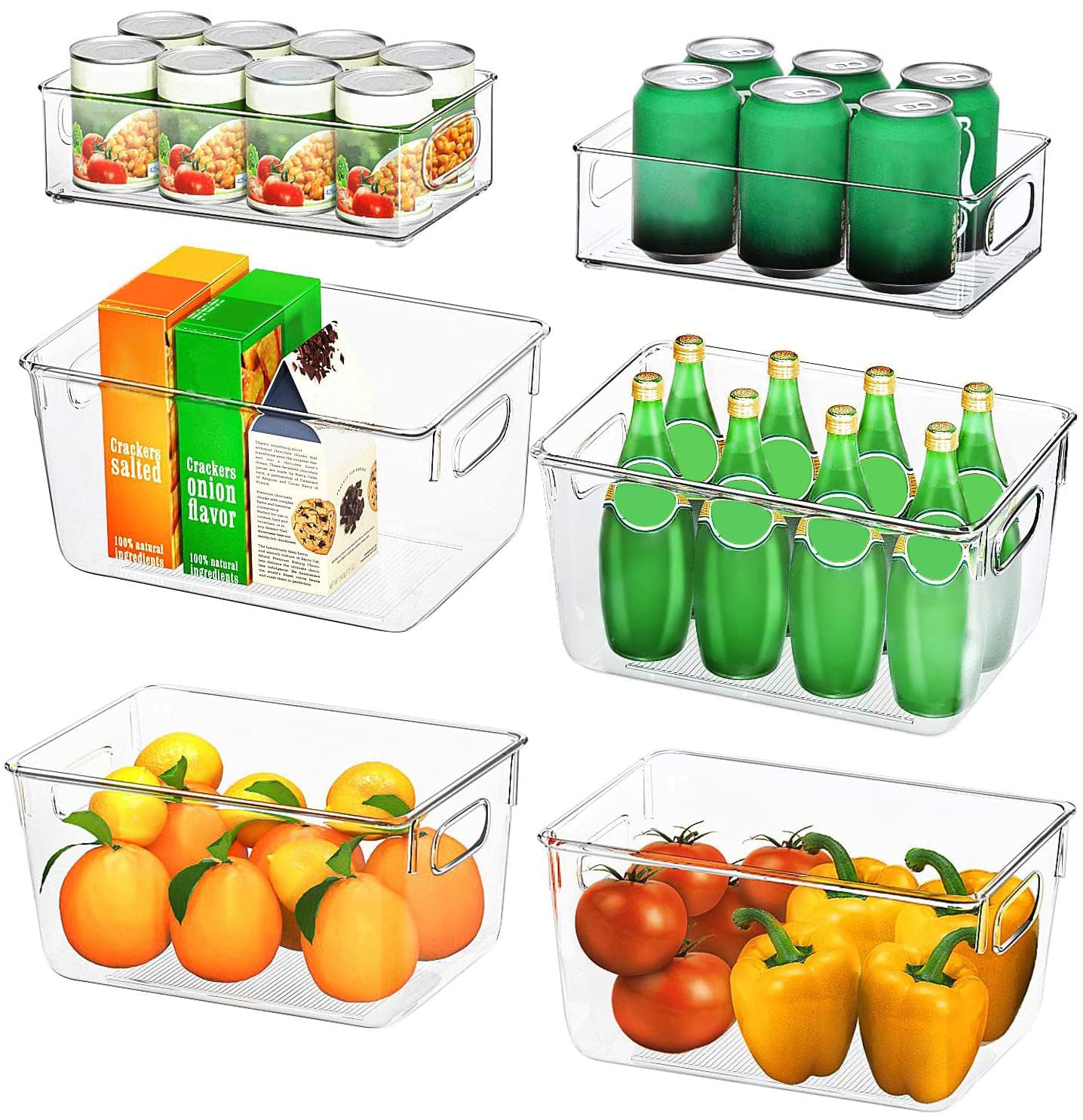 Finew Fridge Storage Organisers - 6 Pack (4 Large & 2 Small) Clear Refrigerator Storage Boxes with Handle, Stackable Fridge Organizers for Cupboard, Kitchen, Pantry - BPA Free Containers