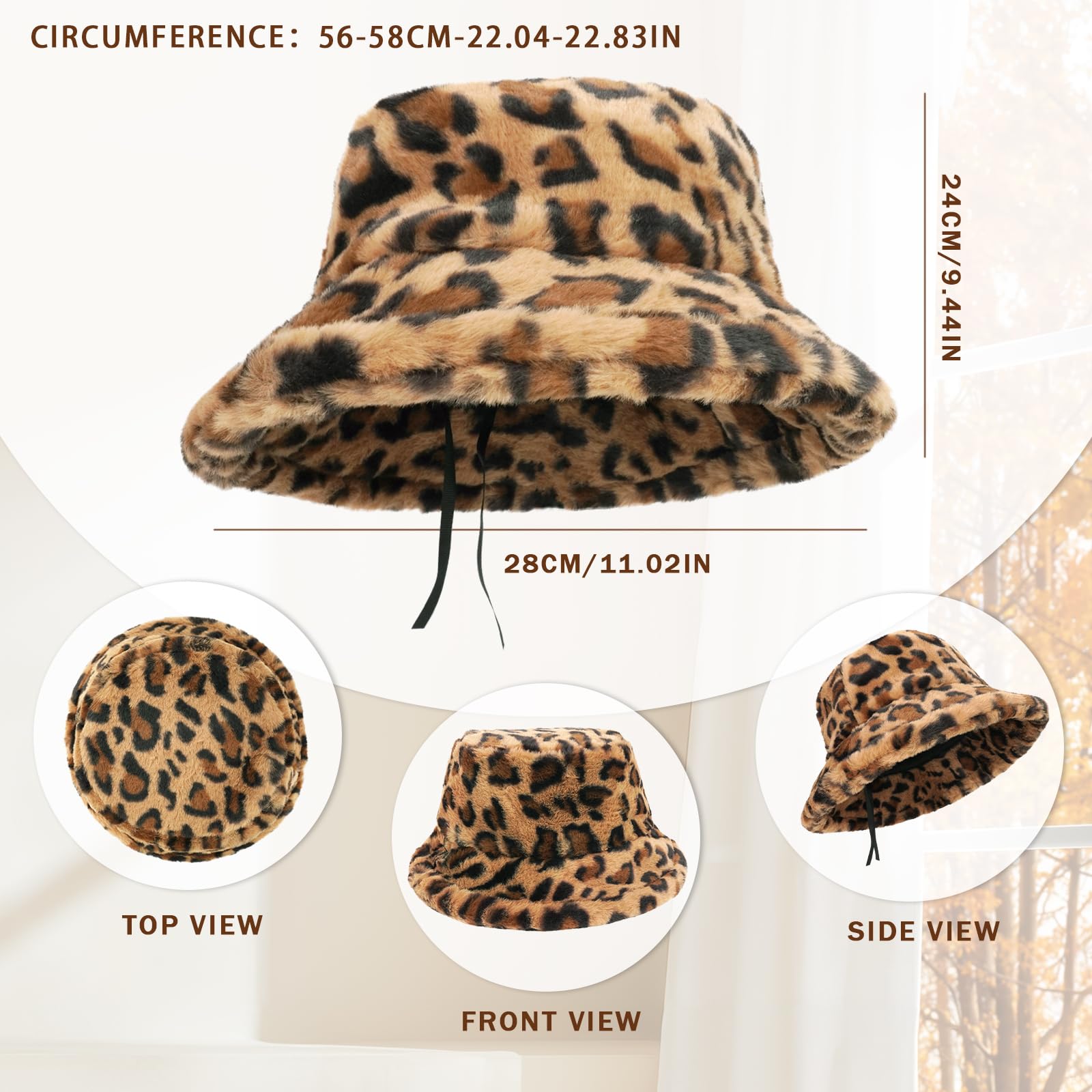 Sombrero Mujer Invierno,Suave Esponjoso Cálido y a Prueba de Viento Bucket Hat,Sombreros de Piel de Leopardo para Las Mujeres,Regalos para Mujer