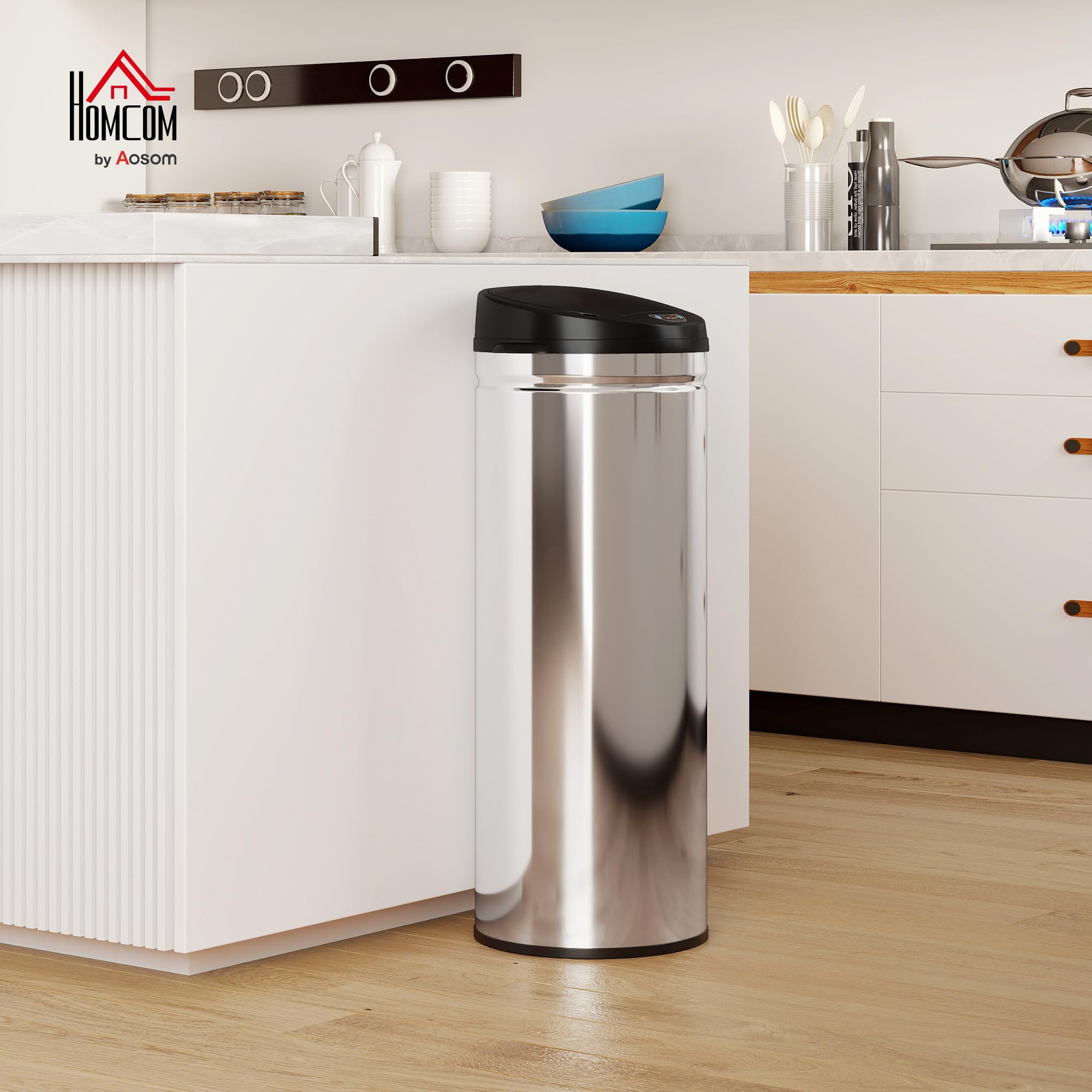 HOMCOM Mülleimer mit Sensor 50L Edelstahl Automatischer Leiser Mülleimer mit Soft-Close-Deckel, Bewegungssensor, Fingerabdruckresistente Abfalleimer für Büro, Schlafzimmer, Küchen Silber