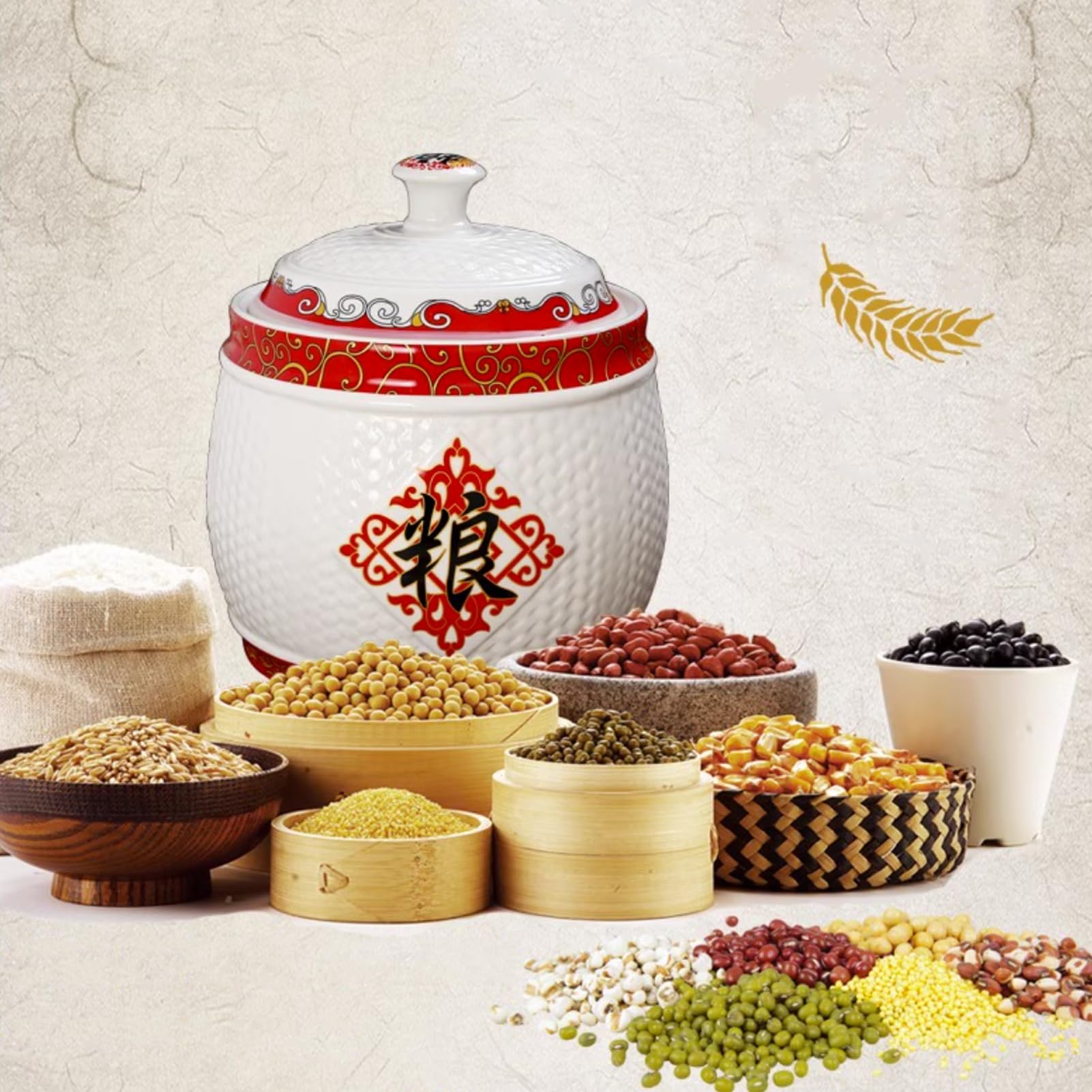 YVYKFZD Tanque de Arroz de Cerámica, Botes Cocina Almacenaje clásico, Recipientes for Alimentos Caja de Almacenamiento de Arroz con tapa, Recipientes for Cereales de cocina, for harina, nueces(White B