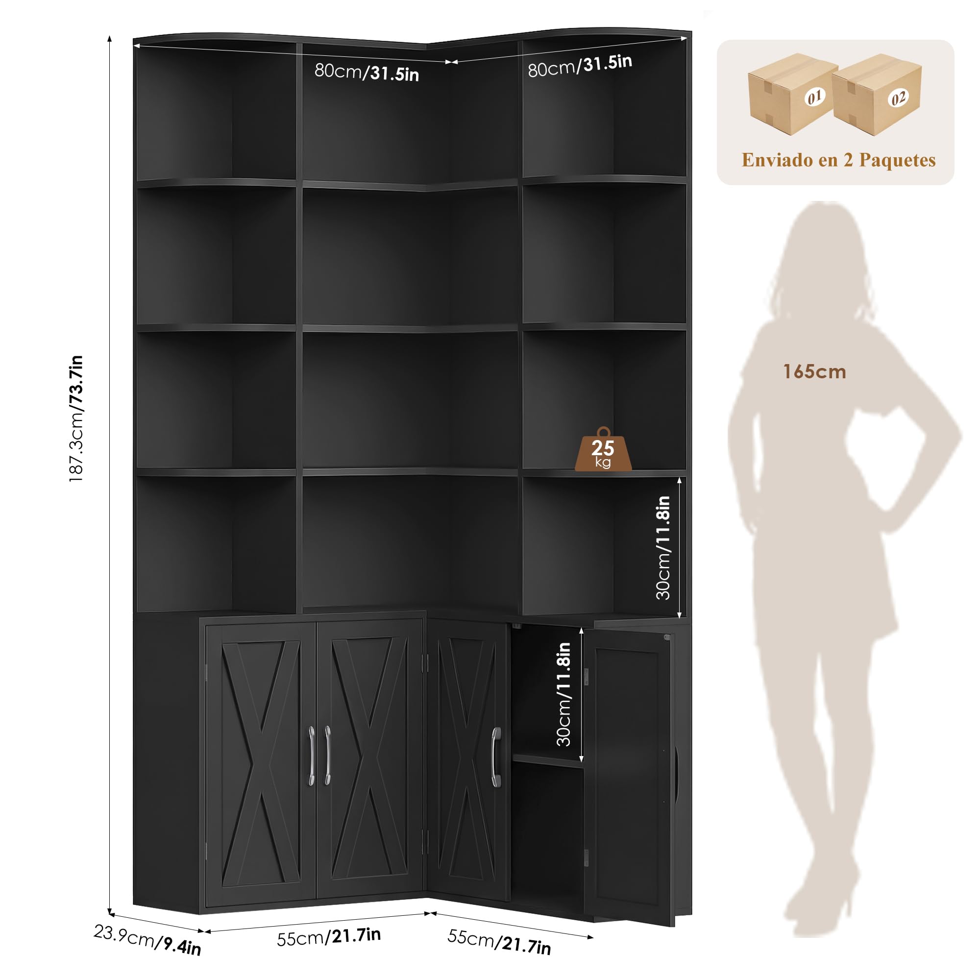 FirFurd 187cm Estantería Esquina, 4 Puertas 12 Compartimientos Negro | Estantería Libros de 5 Niveles alta Estantería Esquina, Grande Mueble Almacenaje para Salón, Oficina, Estudio 187Al.x80x80cm